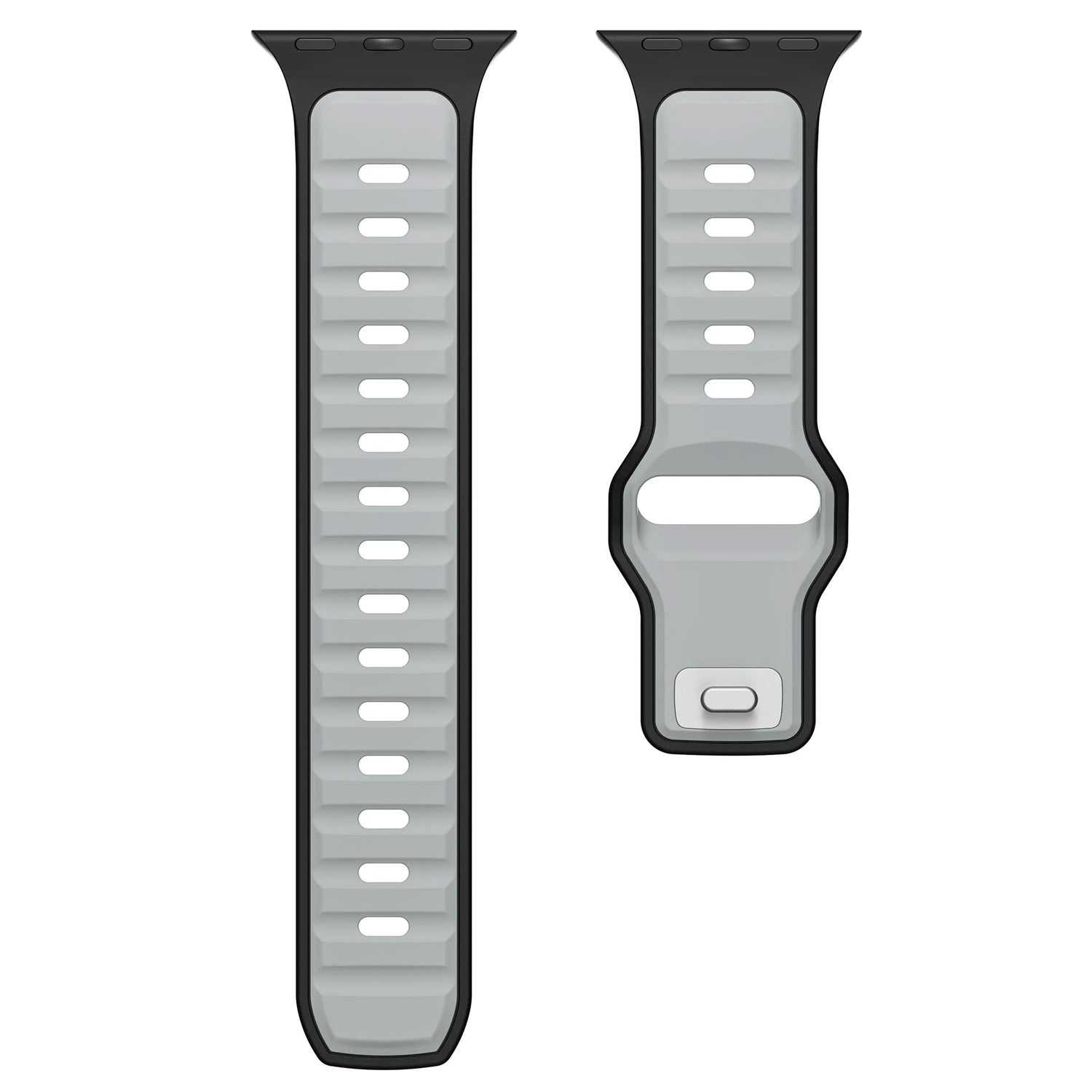 Das Arktisband Apple Watch Silikonarmband „Swift“ ist ein zweiteiliges, schwarz-hellgraues Armband, das vertikal nebeneinander angebracht ist. Es verfügt über mehrere Einstelllöcher, eine rechteckige Schnalle und ist schweißabsorbierend und atmungsaktiv.