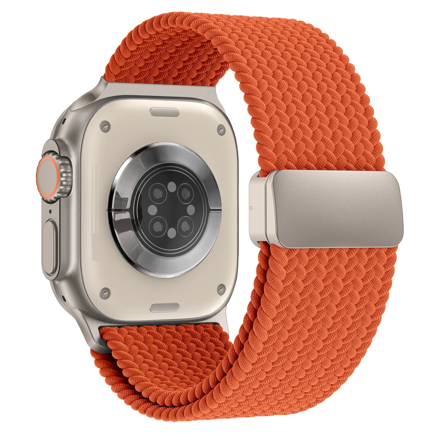 Eine Smartwatch mit rundem Sensorboden und orangefarbenem Arktisband Geflochtenes Apple Watch Ultra Armband "Casual" mit Magnetverschluss, von hinten gesehen.