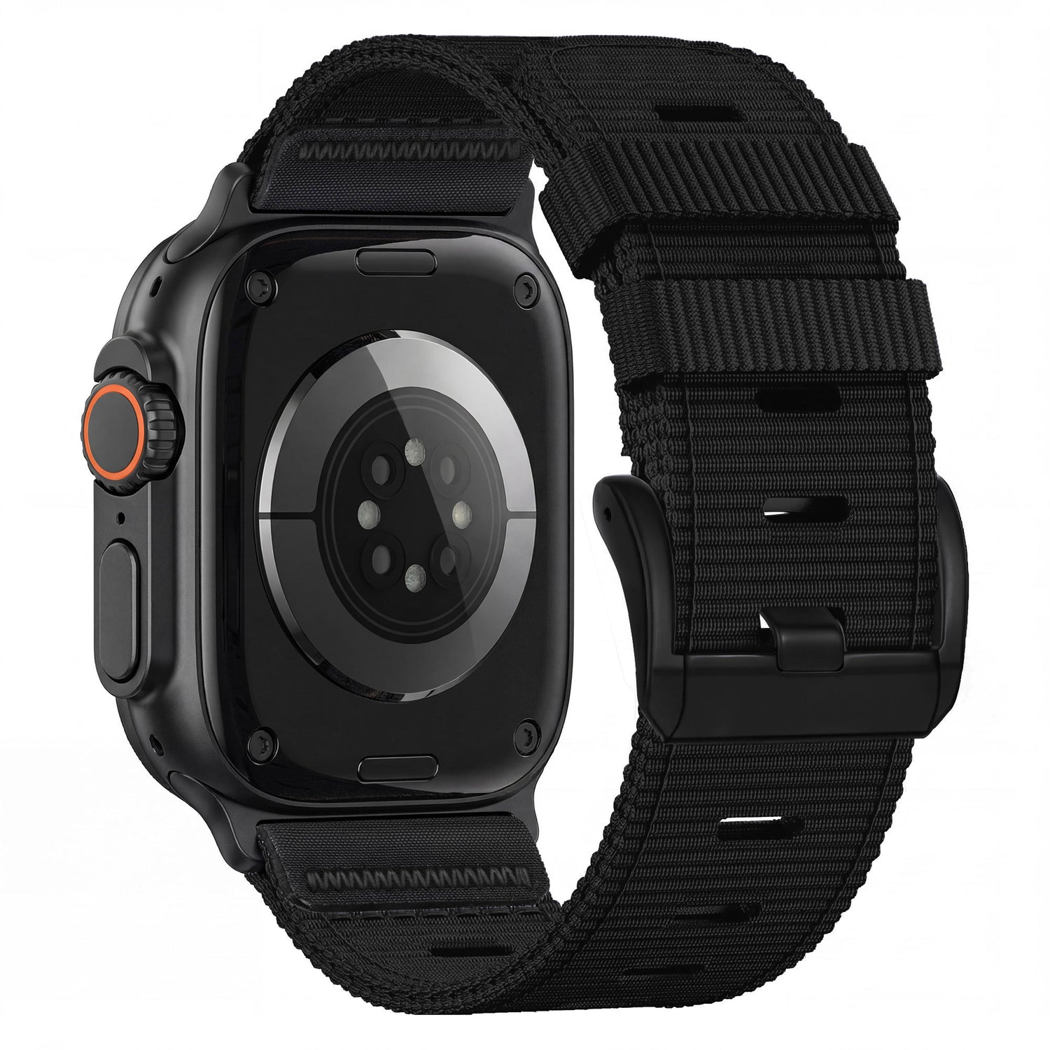 Das arktisband Apple Watch Armband "Terra" verfügt über ein extrabreites Nylonarmband, hier an einer schwarzen Smartwatch von hinten gesehen, das die Sensoren und einen runden, orangefarbenen Knopf hervorhebt.