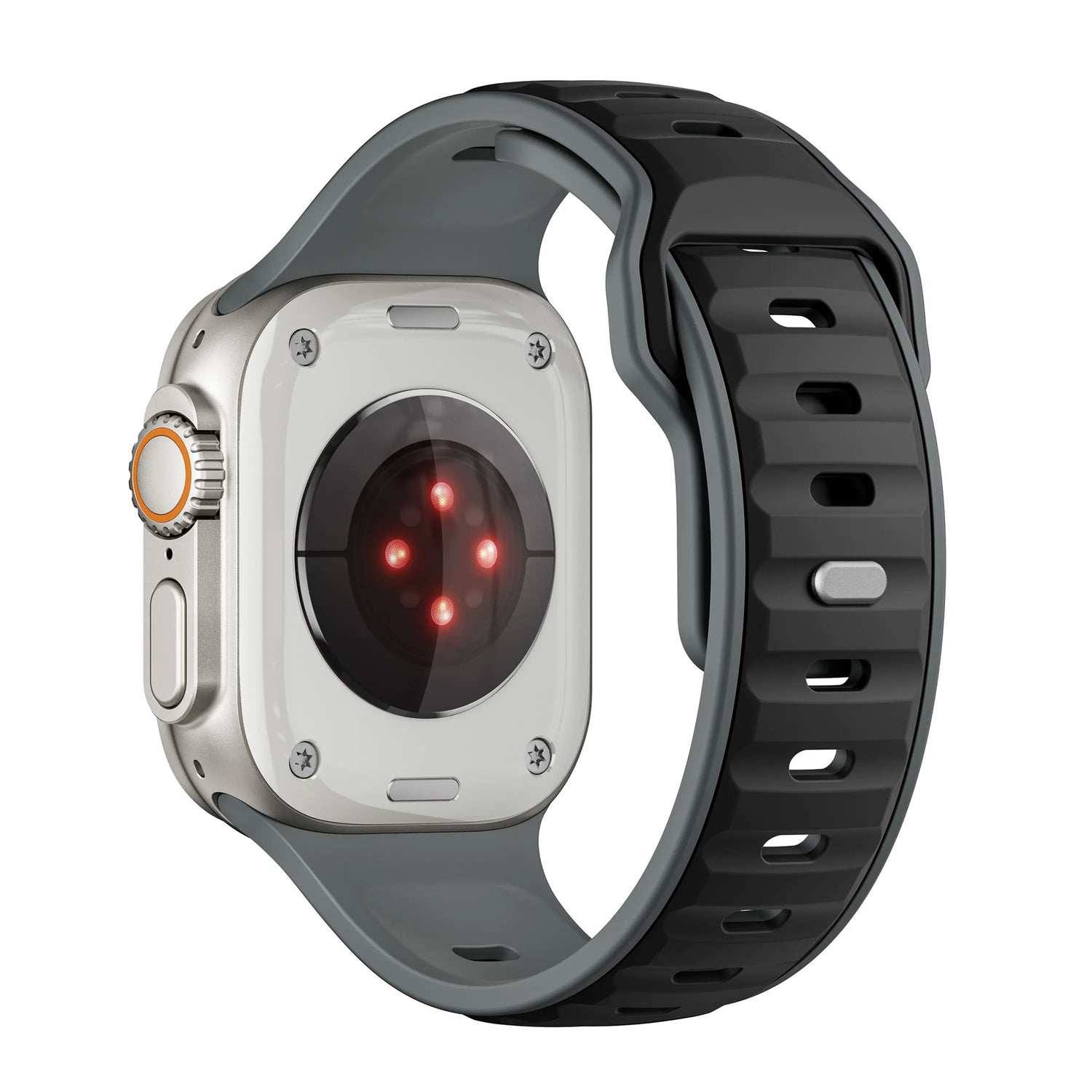 Das arktisband Apple Watch Silikonarmband „Swift“ von arktisband wird von hinten mit einem schwarz-grauen Band, roten Sensorlichtern, einem metallischen Gehäuse, einem orange akzentuierten Knopf und einem schweißabsorbierenden und atmungsaktiven Band für Komfort gezeigt.
