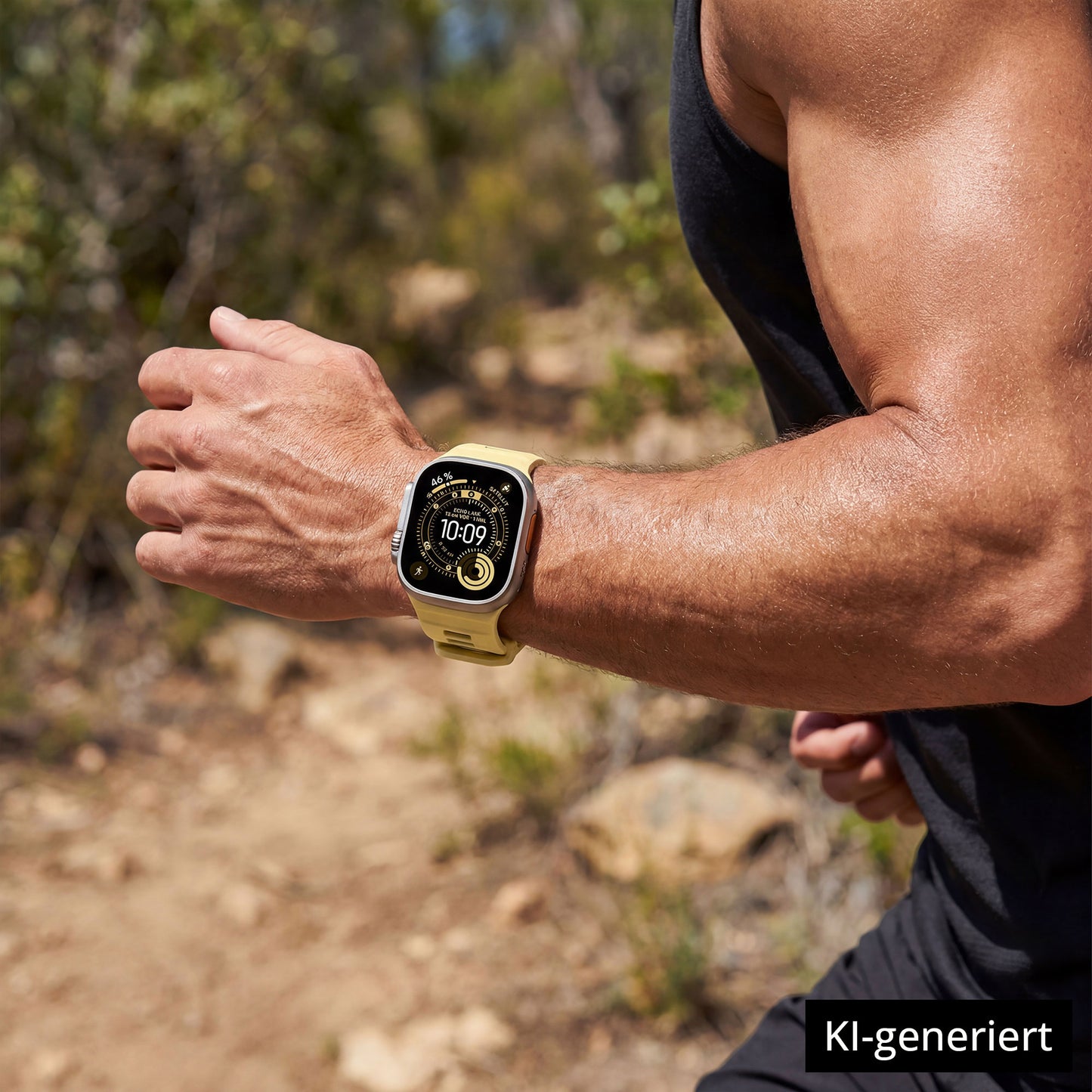 Beim Laufen im Freien überprüft jemand die Fitness-Statistiken auf seiner Apple Watch mit einem gelben arktisband Apple Watch Silikonarmband "Runner" von arktisband. KI-generiert.