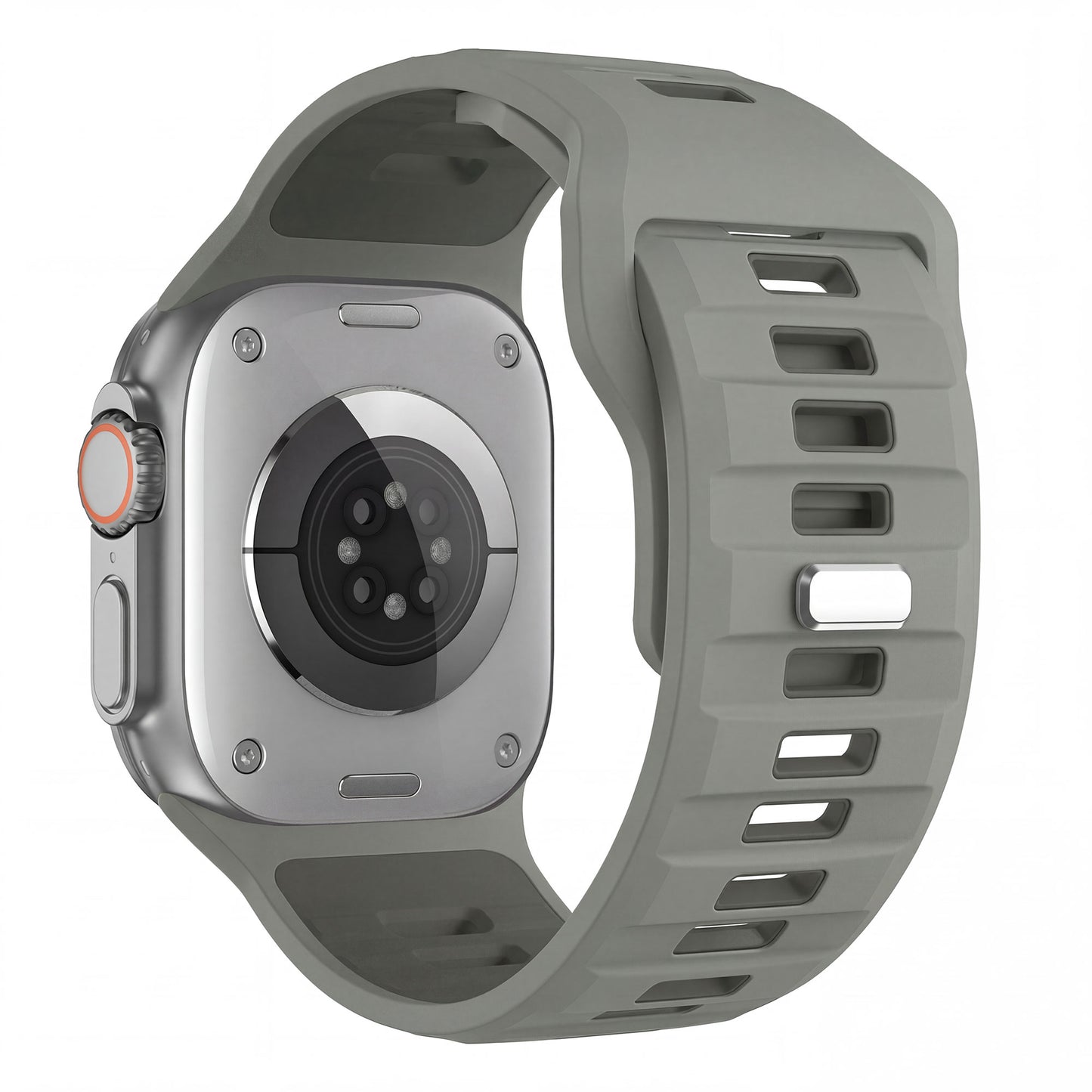 Das Arktisband Apple Watch Silikonarmband "Runner" in grau, 26 mm breit, wird von der Rückseite mit seinem robusten Band und sichtbaren Sensoren gezeigt.
