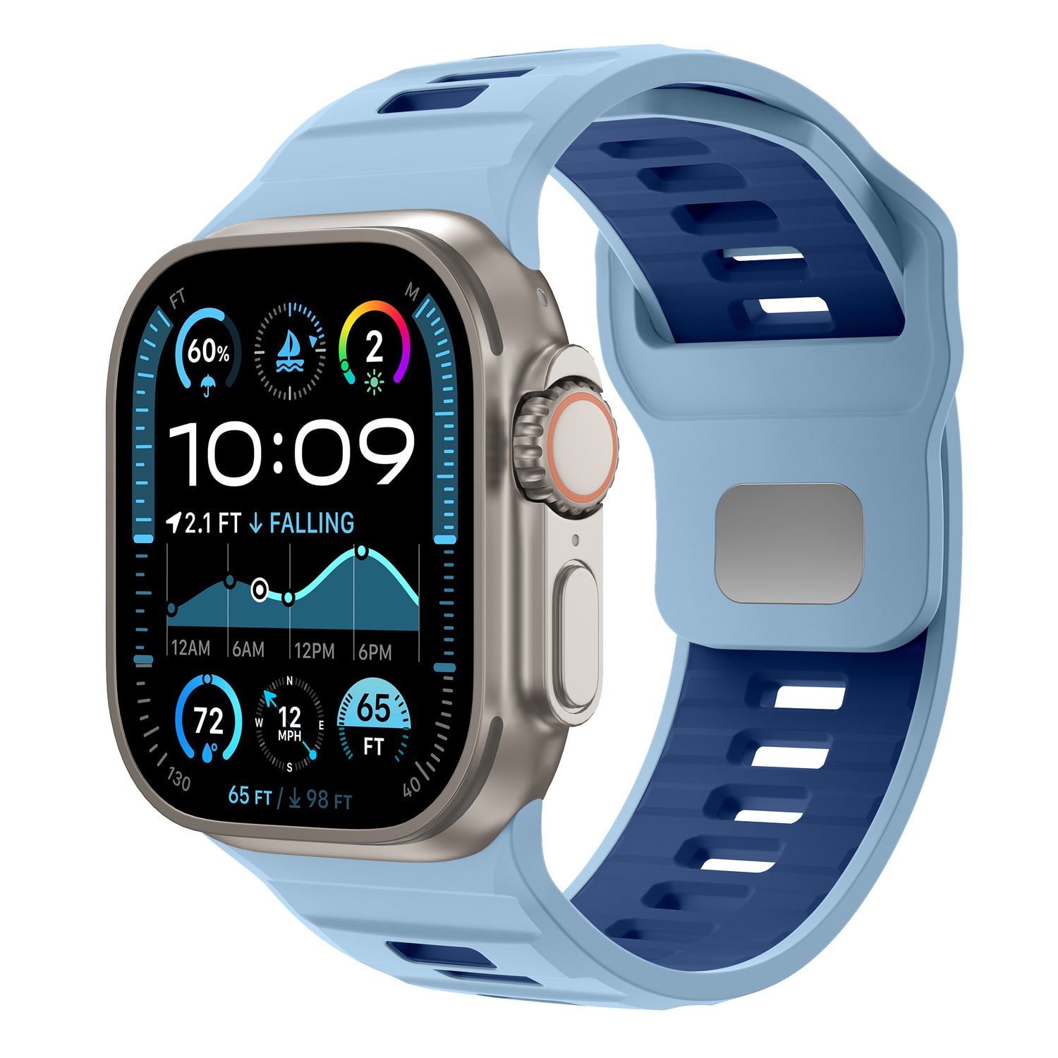 Das arktisband Apple Watch Silikonarmband „Runner“ ist ein blaues, extrabreites Silikonarmband mit rechteckigem Display und silbernem Gehäuse. Es zeigt Uhrzeit, Herzfrequenz, Temperatur und Höhe an. Kompatibel mit der Apple Watch.