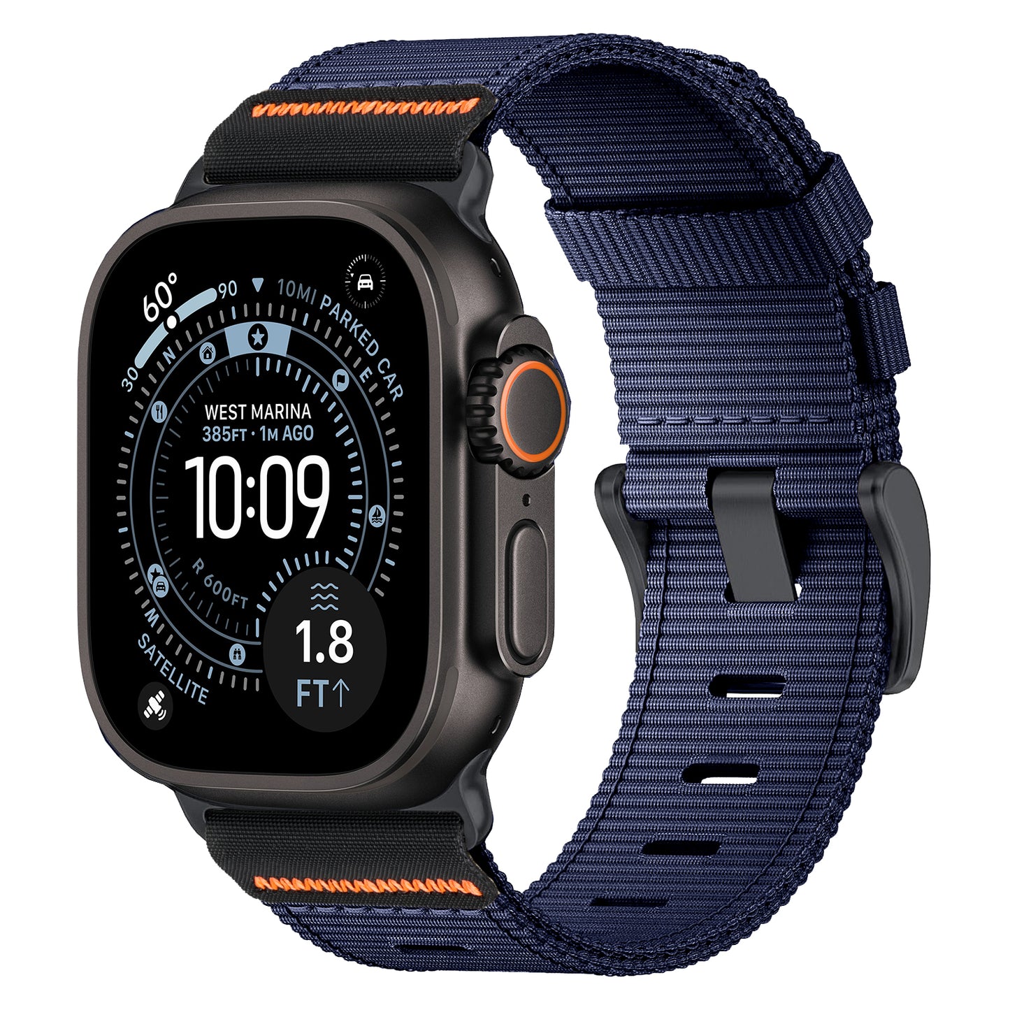 Das arktisband Apple Watch Armband "Terra" von arktisband verfügt über ein extrabreites blaues Nylonband, ideal für eine dunkelhäutige Smartwatch mit schwarzem Gehäuse wie die Apple Watch Ultra, die Gesundheits- und Standortdaten anzeigt.