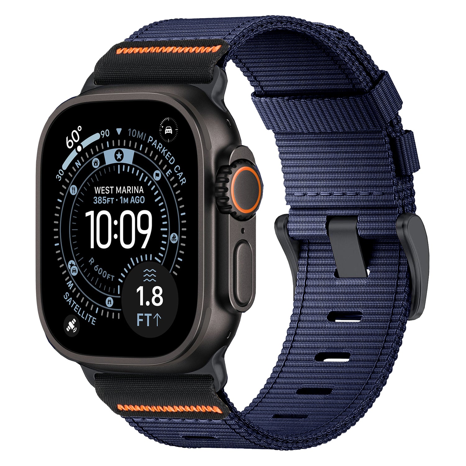 Das arktisband Apple Watch Armband "Terra" von arktisband verfügt über ein extrabreites blaues Nylonband, ideal für eine dunkelhäutige Smartwatch mit schwarzem Gehäuse wie die Apple Watch Ultra, die Gesundheits- und Standortdaten anzeigt.