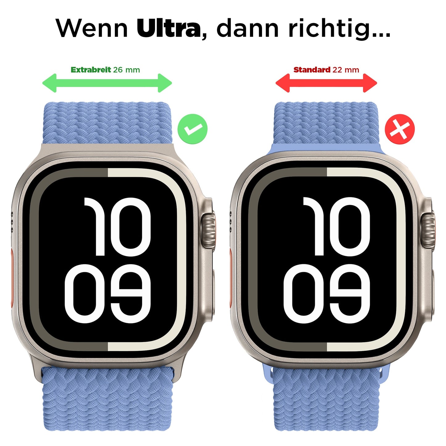 Vergleich eines 26-mm-Arktisband-Armbands Casual für die Apple Watch Ultra mit einem 22-mm-Standardarmband.
