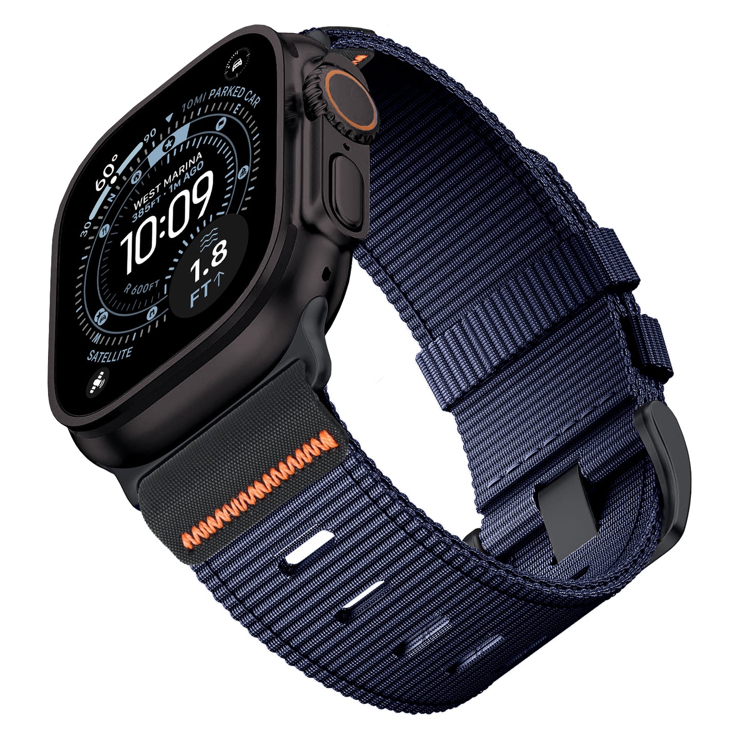 Das arktisband Apple Watch Armband "Terra" verfügt über ein extrabreites Nylonarmband, hier an einer Apple Watch Ultra mit der Anzeige 10:09 - ein stylisches und langlebiges Upgrade von arktisband.