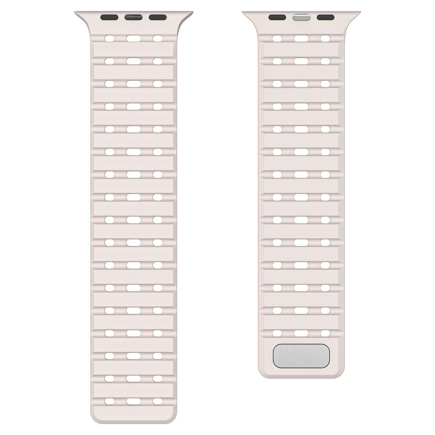 Auf weißem Untergrund sind zwei beige arktis arktisband Apple Watch magnetische Silikonarmbänder „Power“ nebeneinander abgebildet, eines davon mit einem silbernen Verbindungsstück am Ende.