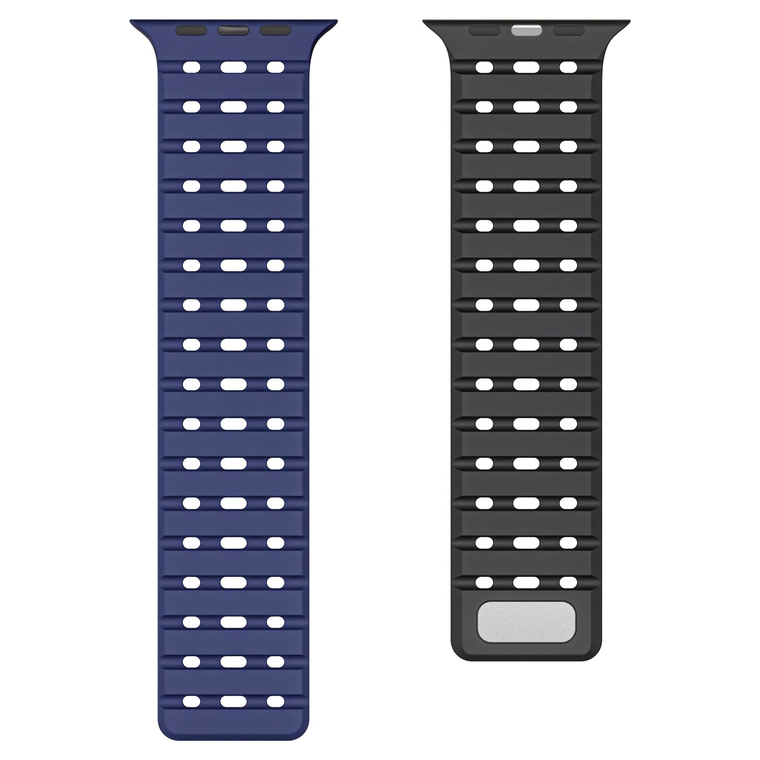 Zwei arktisband Apple Watch magnetische Silikonarmbänder „Power“ von arktis liegen nebeneinander: links dunkelblau, rechts schwarz mit silbernem rechteckigem Magnetverschluss. Beide haben gleichmäßig verteilte rechteckige Löcher.