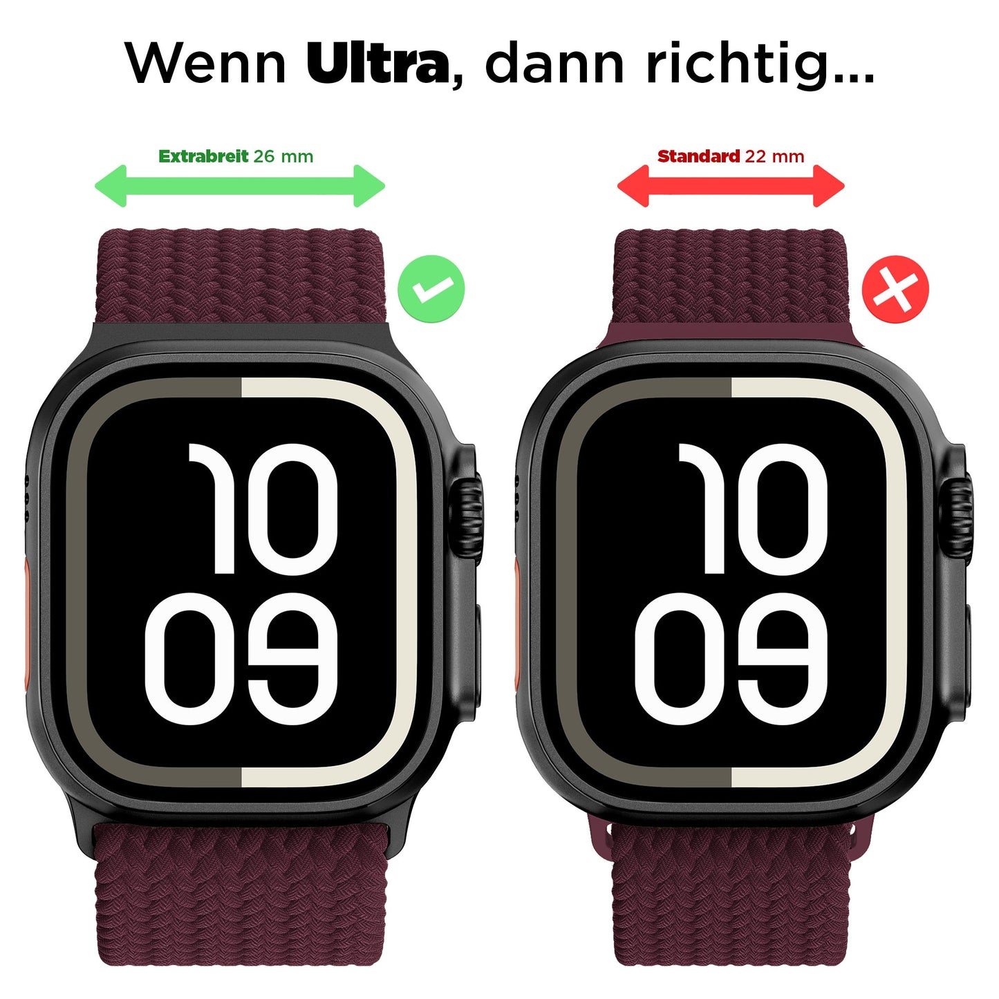Vergleich eines 26-mm-Arktisband-Armbands Casual für die Apple Watch Ultra mit Geflochtenem Muster und Karomuster sowie eines 22-mm-Armbands mit X-Muster.