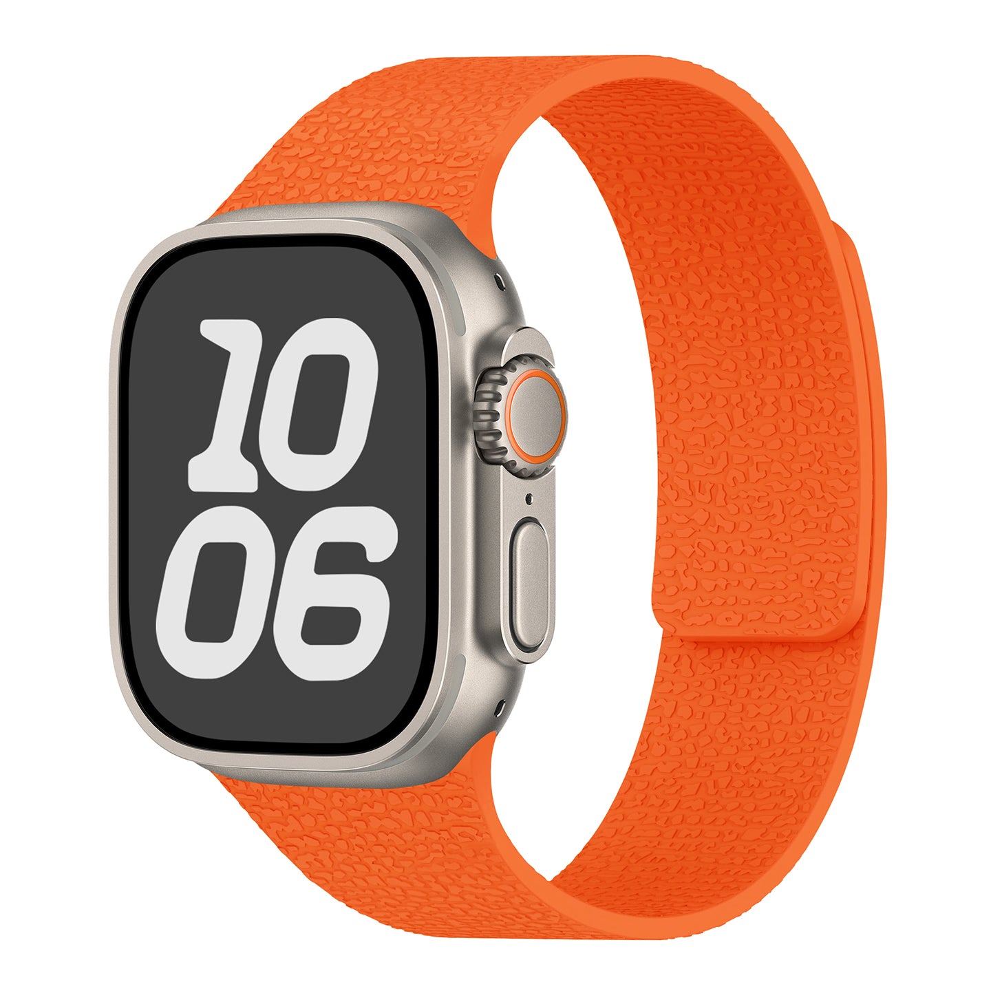 Das Arktisband Apple Watch magnetisches Silikonarmband "Flexy" in leuchtendem Orange ist auf einer Smartwatch abgebildet, die auf ihrem großen Digitaldisplay die Uhrzeit 10:06 anzeigt.