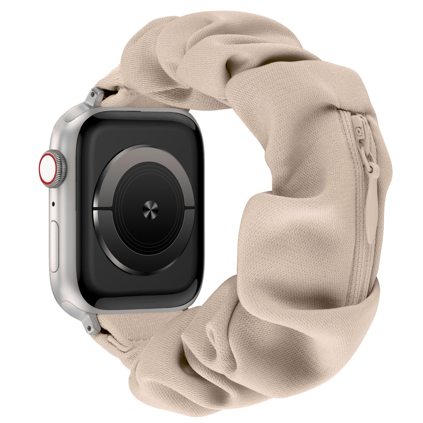 Das arktisband Apple Watch Scrunchie Armband "Elanora" in Beige kombiniert Scrunchie-Komfort mit einer praktischen Reißverschlusstasche und bietet Stil und Funktionalität für Ihre Apple Watch.