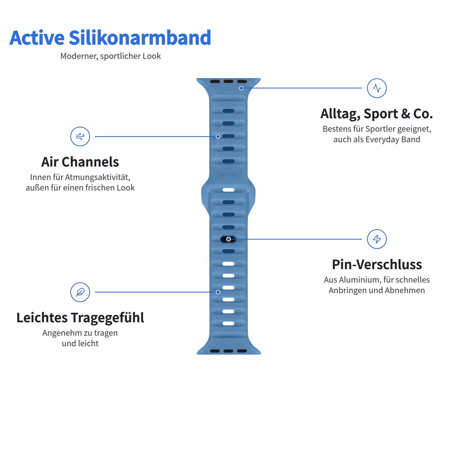 Blaues Arktisband – Apple Watch-Silikonarmband Active mit Belüftungskanälen, leichtem Design und Dornverschluss.