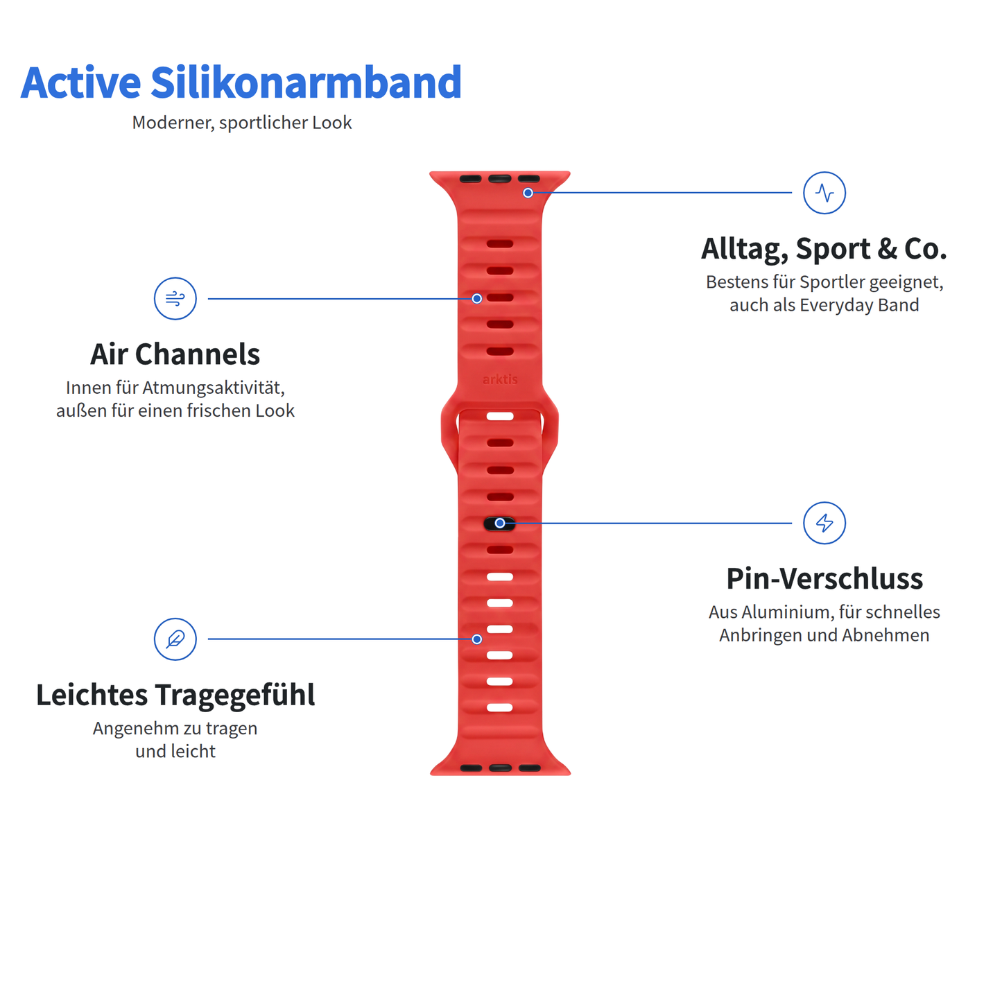 Rotes Arktisband – Apple Watch-Silikonarmband Active mit Luftkanälen, Dornverschluss und leichtem Design.