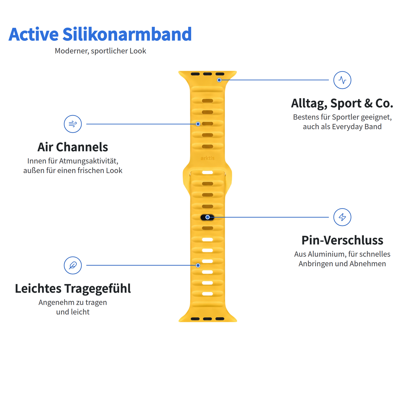 Gelbes Arktisband – Apple Watch-Silikonarmband Active mit Belüftungslöchern und einem Metallstiftverschluss.
