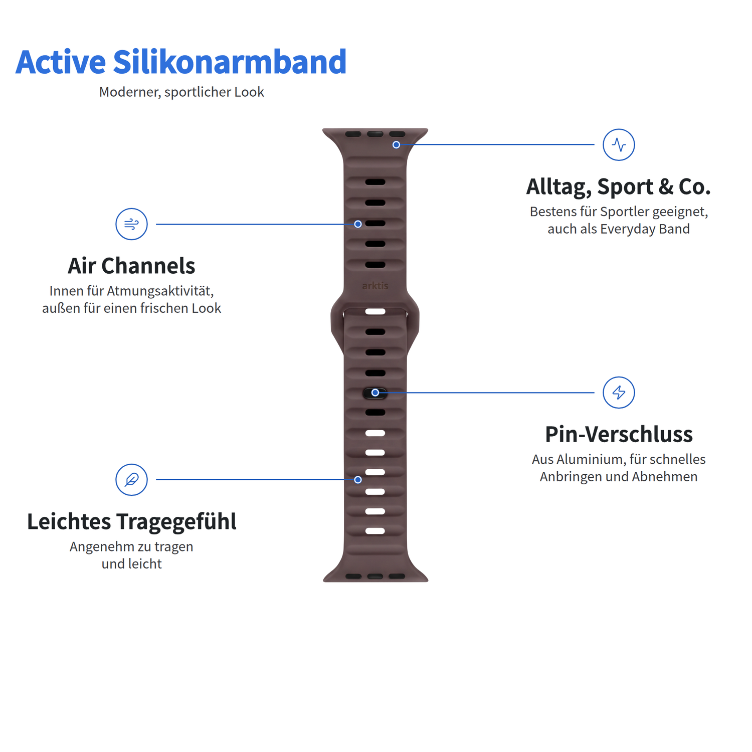 Dunkelbraunes Arktisband – Apple Watch-Silikonarmband Active mit Belüftungskanälen, Funktionsbeschriftungen und einem Dornverschluss.