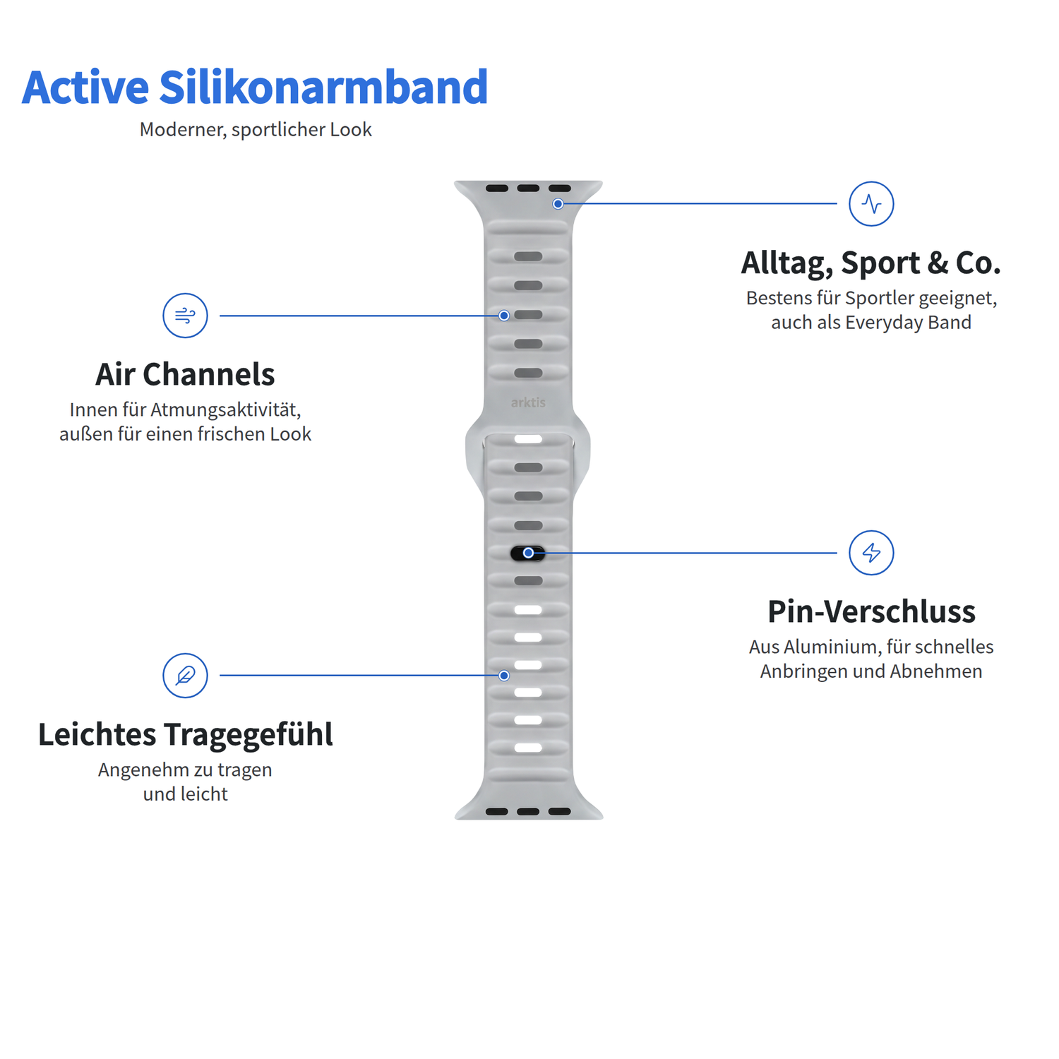 Hellgraues Arktisband – Apple Watch-Silikonarmband Active mit Aussparungen, sportlichen Details und einem Dornverschluss.