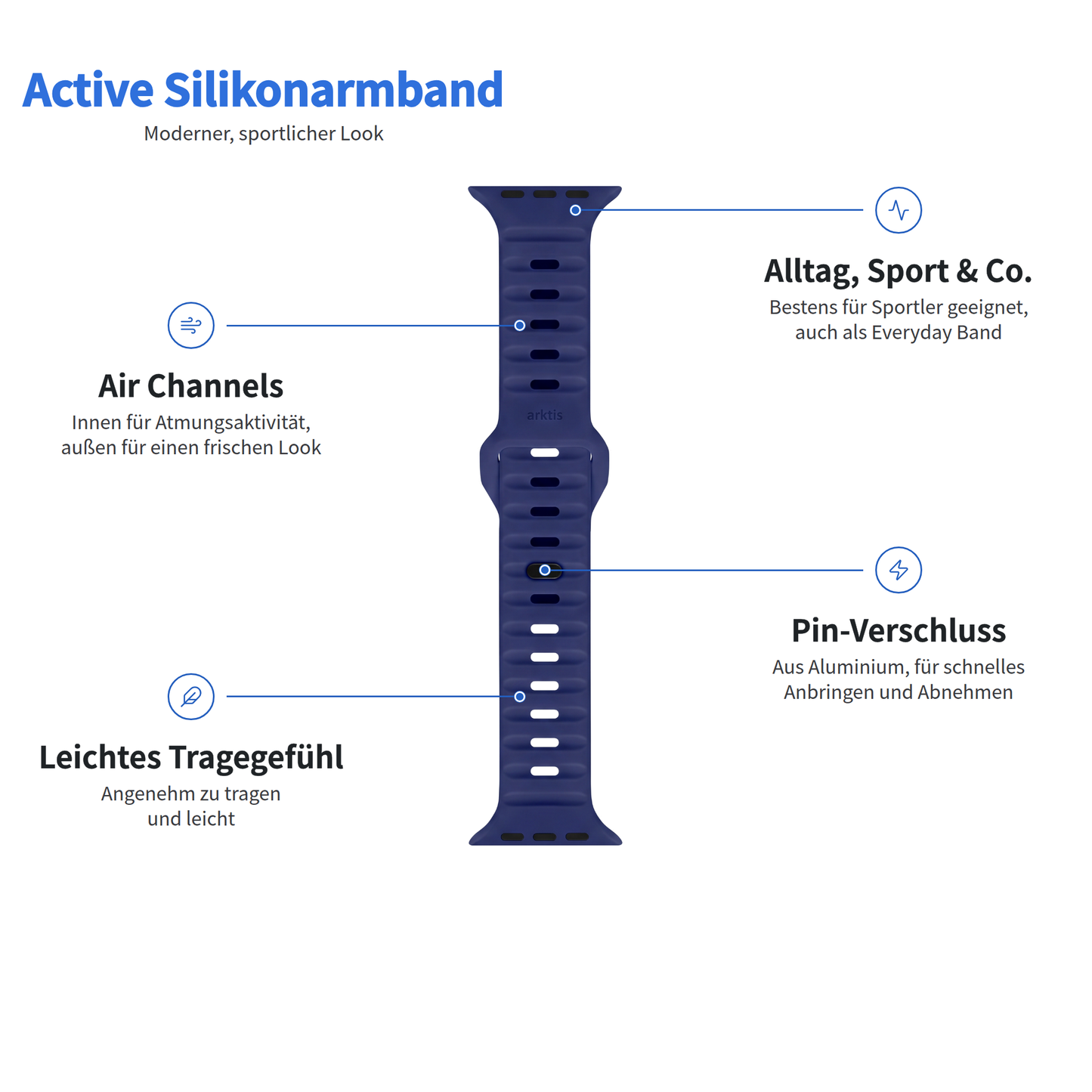 Blaues Arktisband für die Apple Watch – Silikonarmband Active mit Belüftungskanälen, Dornverschluss und leichtem Design.