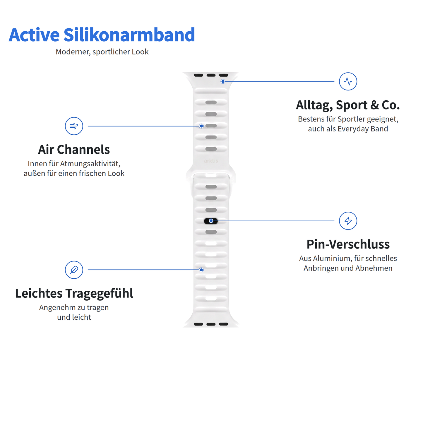 Weißes Arktisband – Apple Watch-Silikonarmband Active mit Luftkanälen, einem Steckverschluss und einem leichten Design.