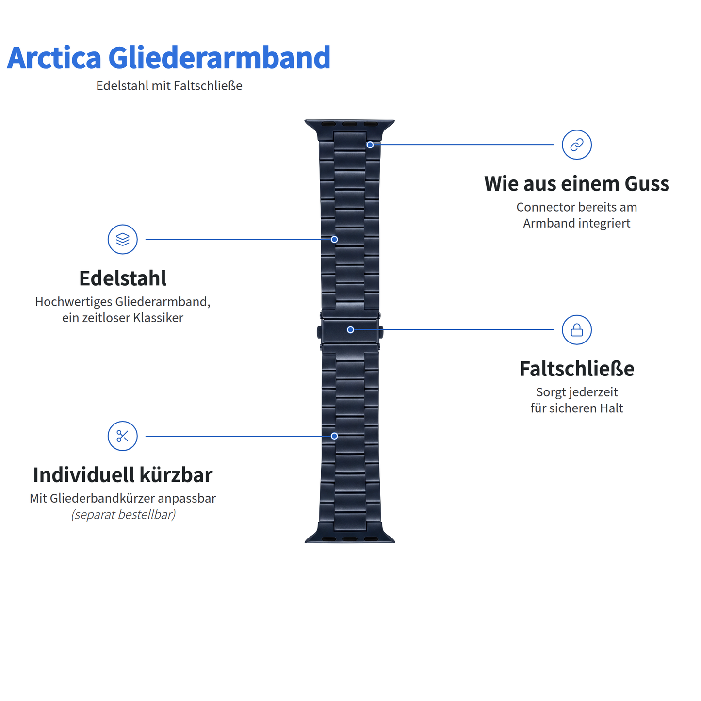 Arktisband Apple Watch Gliederarmband Arctica: dunkler Edelstahl, integrierte Verbindungsglieder, Faltschließe und längenverstellbar.