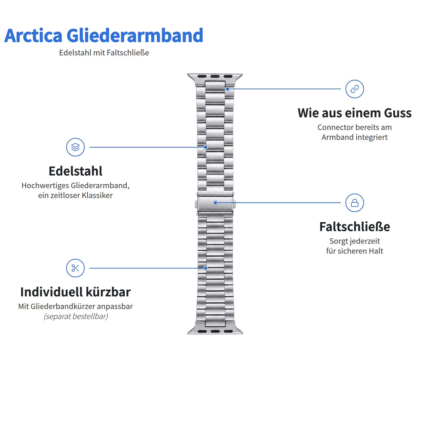 Silberfarbenes Arktisband aus Edelstahl für die Apple Watch – Gliederarmband Arctica mit integrierten Verbindungsstücken und einem Verschluss.