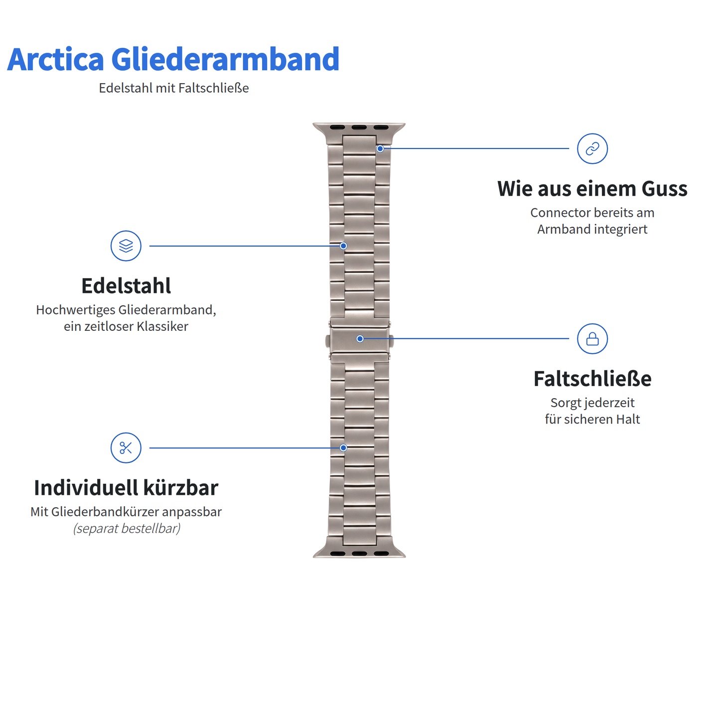 Arktisband Apple Watch Gliederarmband Arctica aus silbernem Edelstahl mit integrierten Verbindungsgliedern und einer Faltschließe.