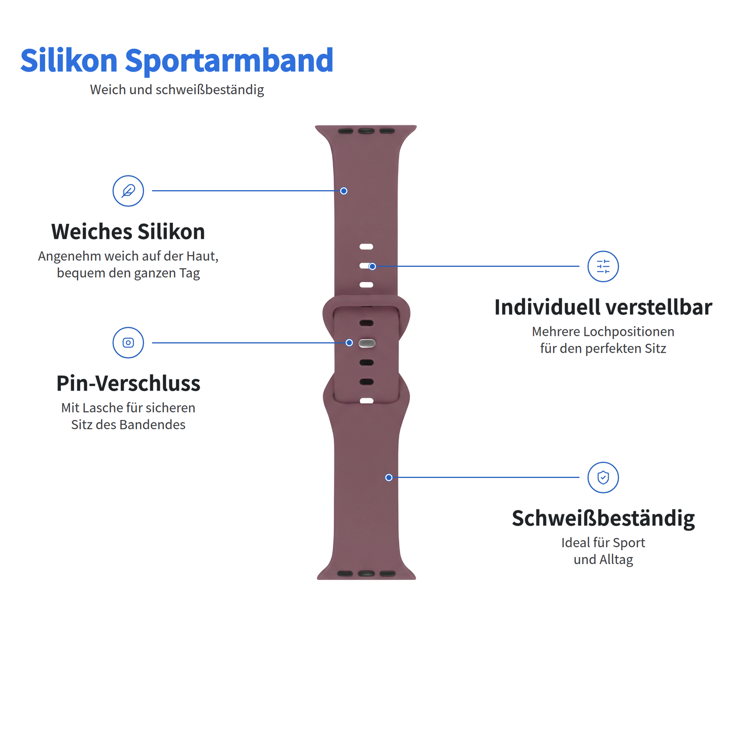 Burgunderrotes Arktisband für die Apple Watch – Silikonarmband „Sport“ mit deutschen Beschriftungen: Komfort, Verstellbarkeit und Schweißbeständigkeit.