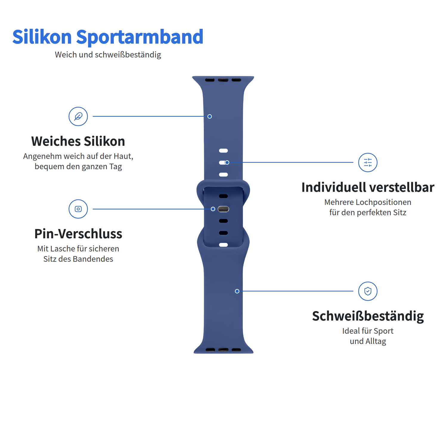 Arktisband Apple Watch Silikonarmband „Sport“, verstellbar, Stiftverschluss, schweißbeständig, blau.