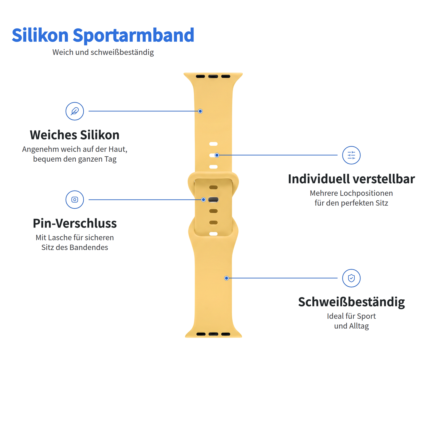 Arktisband Apple Watch Silikonarmband „Sport“: gelb, verstellbar, mit Dornschließe und schweißbeständig.