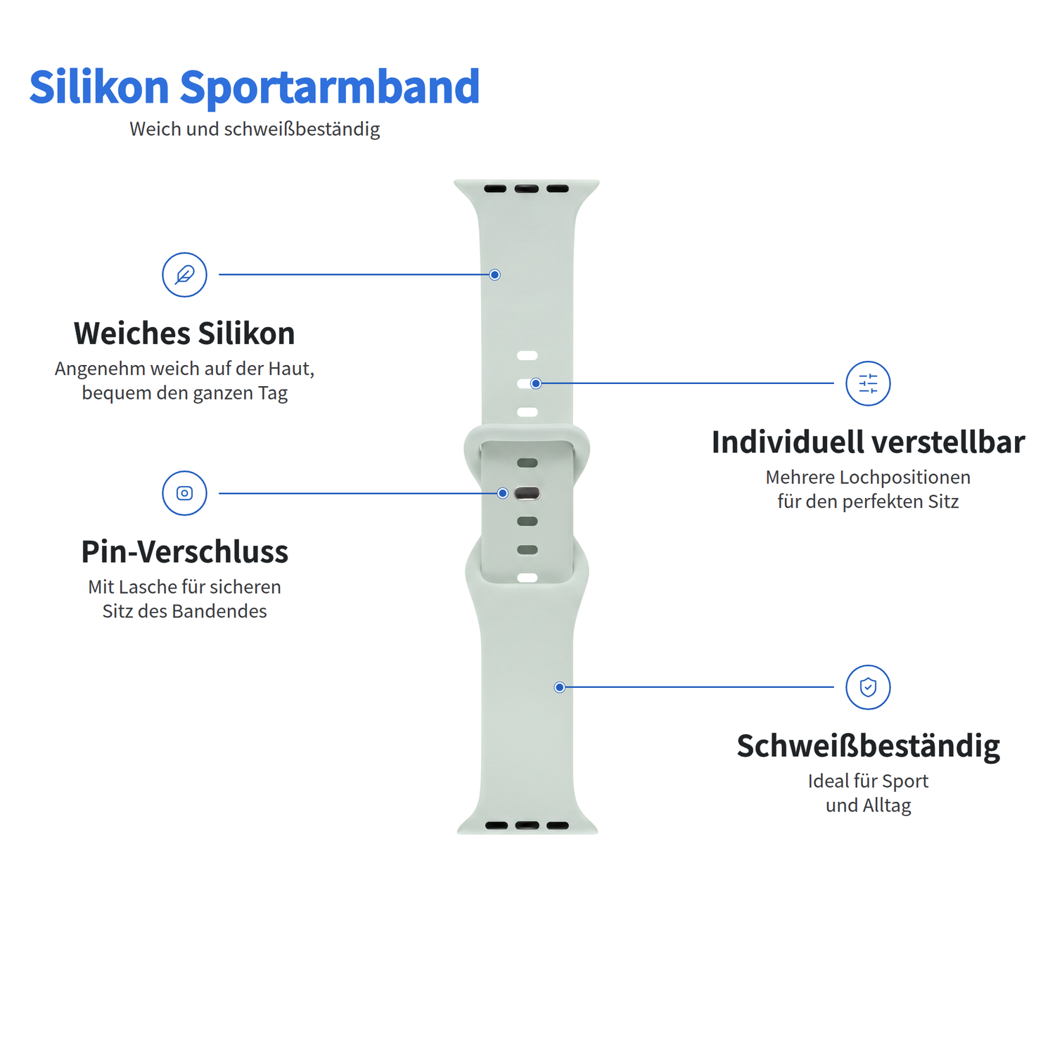 Arktisband Apple Watch Sportarmband: graues Silikon, verstellbar, mit Steckverschluss, weich und schweißresistent.