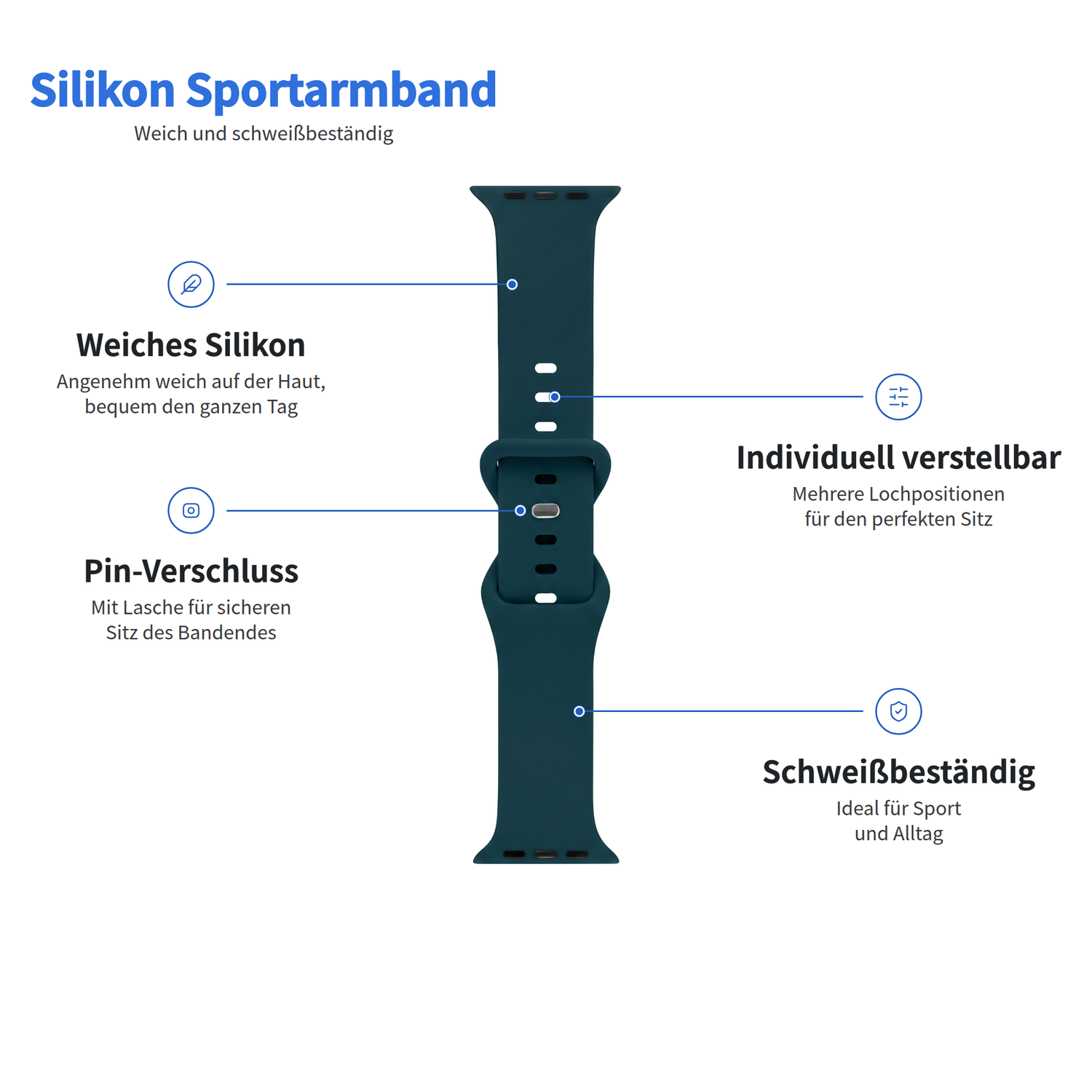 Arktisband „Sport“ – blaues Silikonarmband für die Apple Watch; weich, verstellbar, schweißresistent und mit sicherem Steckverschluss.