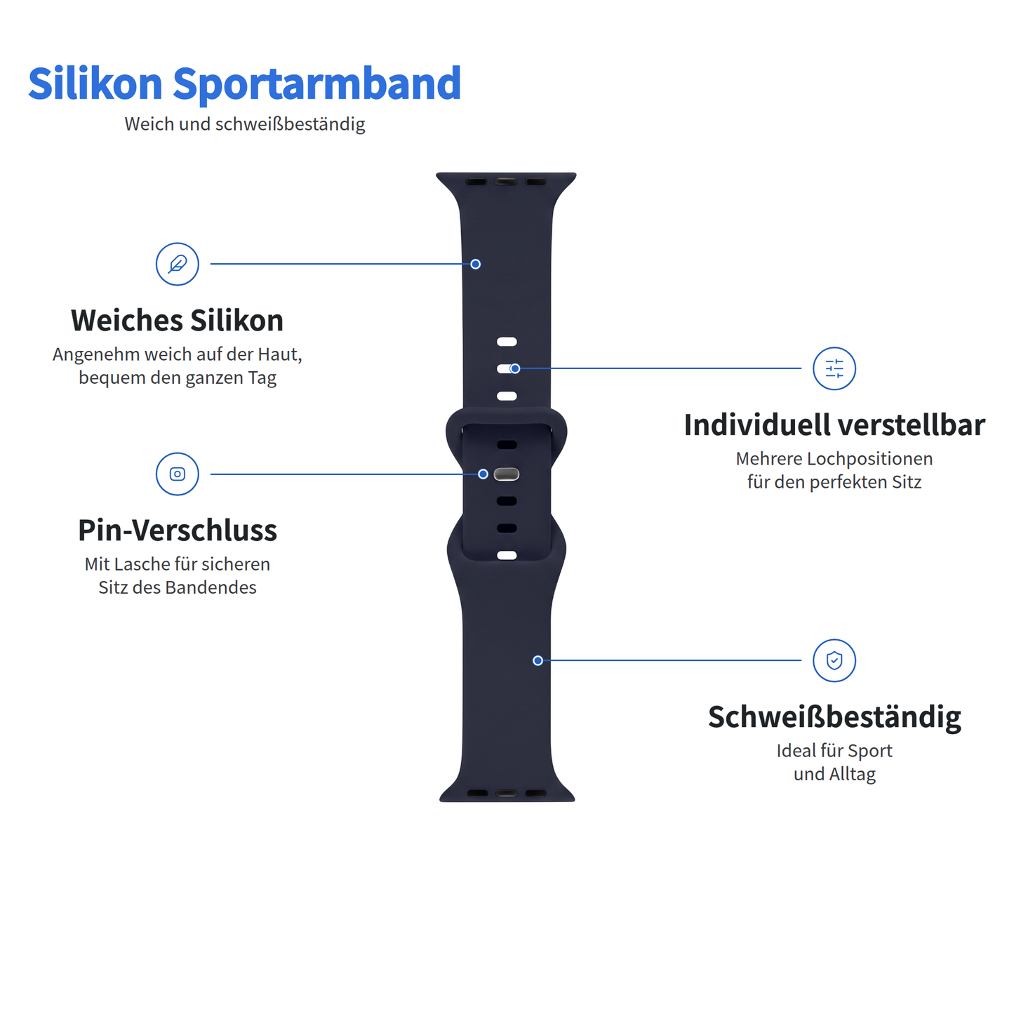 Arktisband Apple Watch Silikonarmband „Sport“: weiches Silikon, Dornverschluss, verstellbar und schweißresistent.