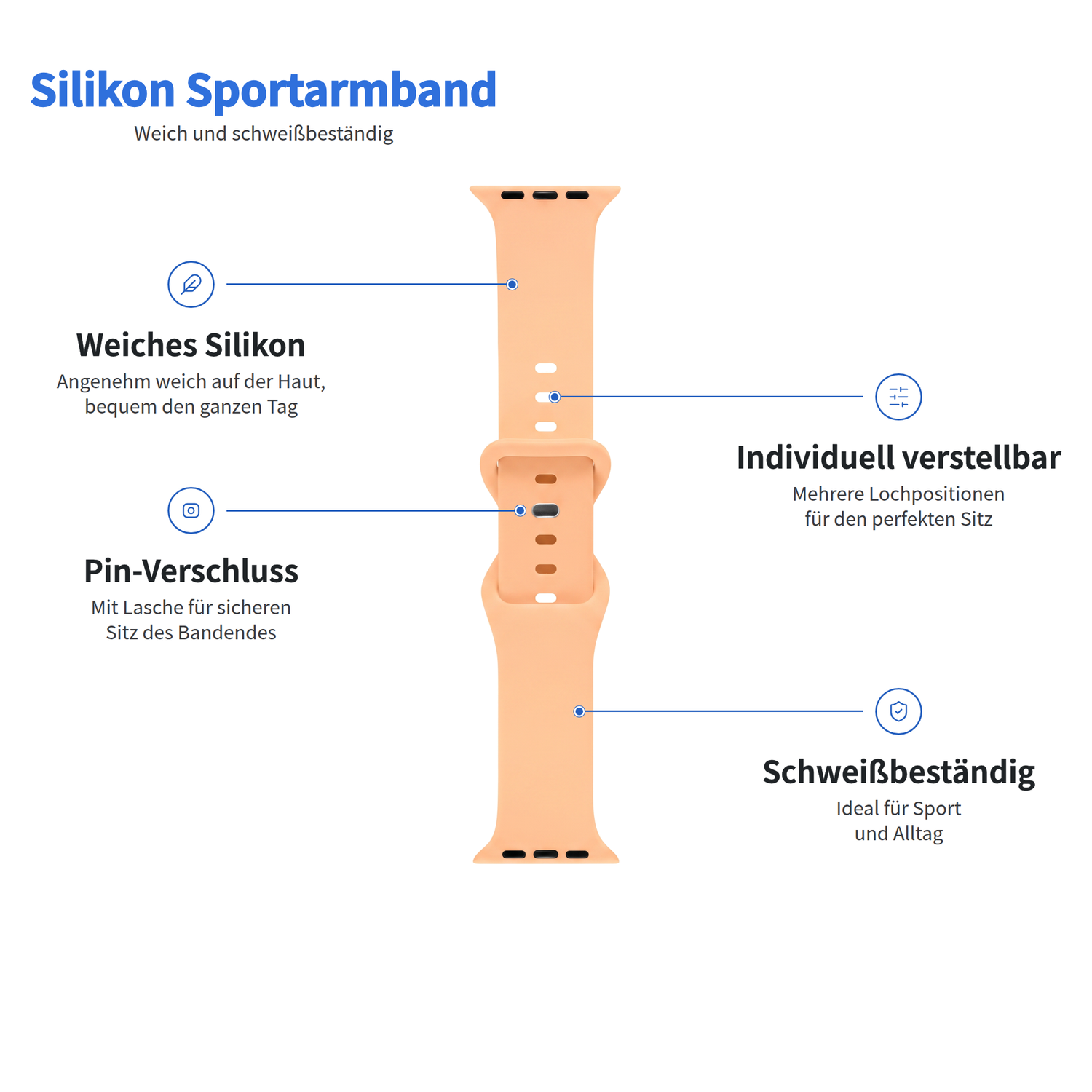 Arktisband „Sport“ Apple Watch-Armband: pfirsichfarbenes Silikon, weich, sicherer Verschluss, verstellbar, schweißresistent.