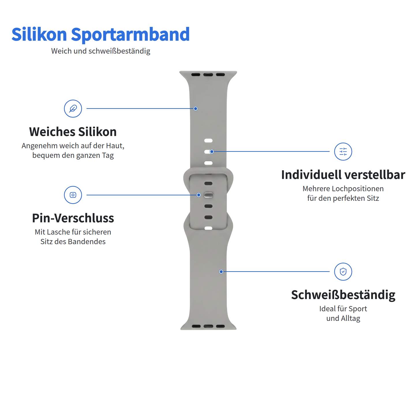 Arktisband Apple Watch Silikonarmband „Sport“: grau, weich, verstellbar, Dornverschluss, schweißresistent.