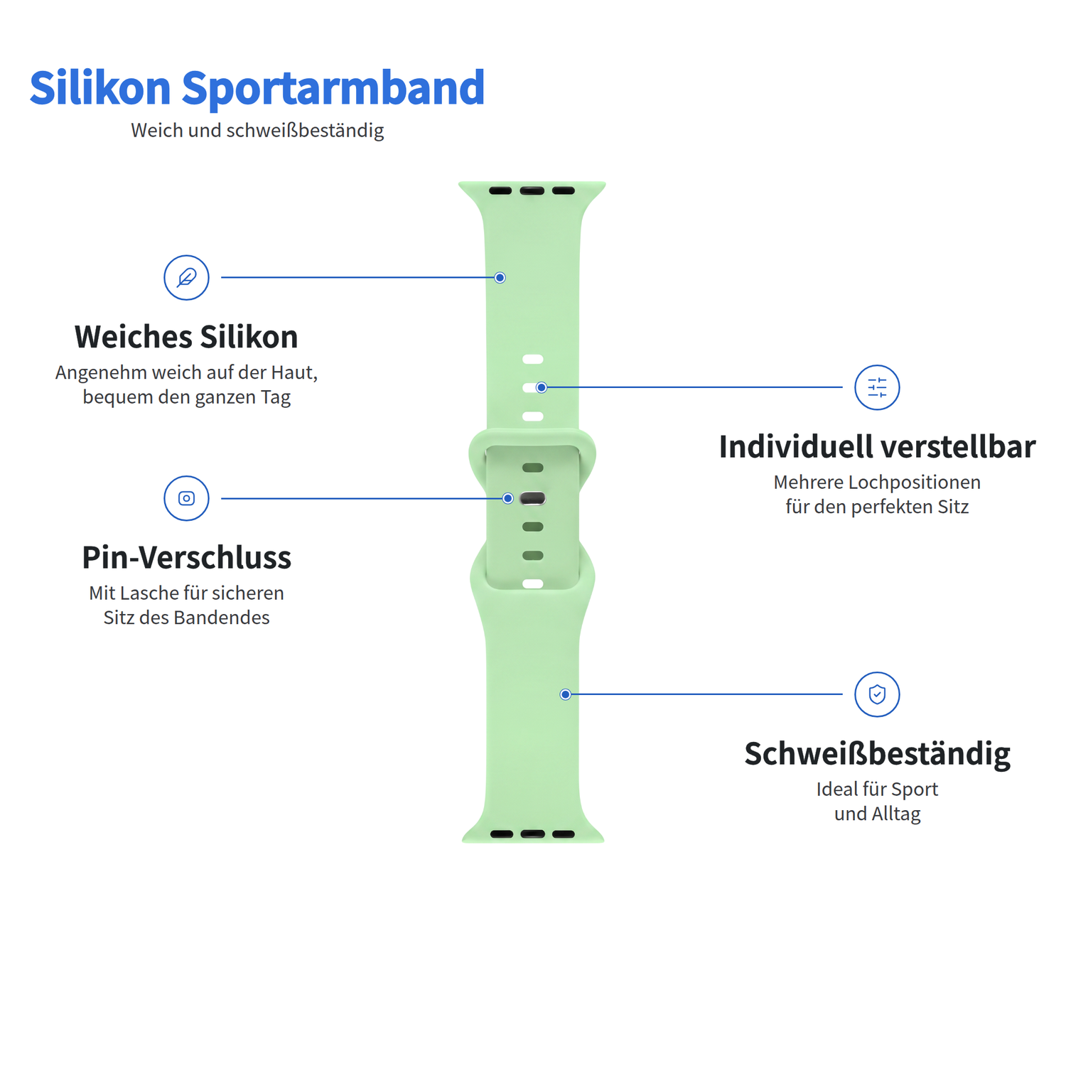 Arktisband „Sport“ Apple Watch-Armband: weiches, hellgrünes Silikon, verstellbarer Steckverschluss, schweißresistent.