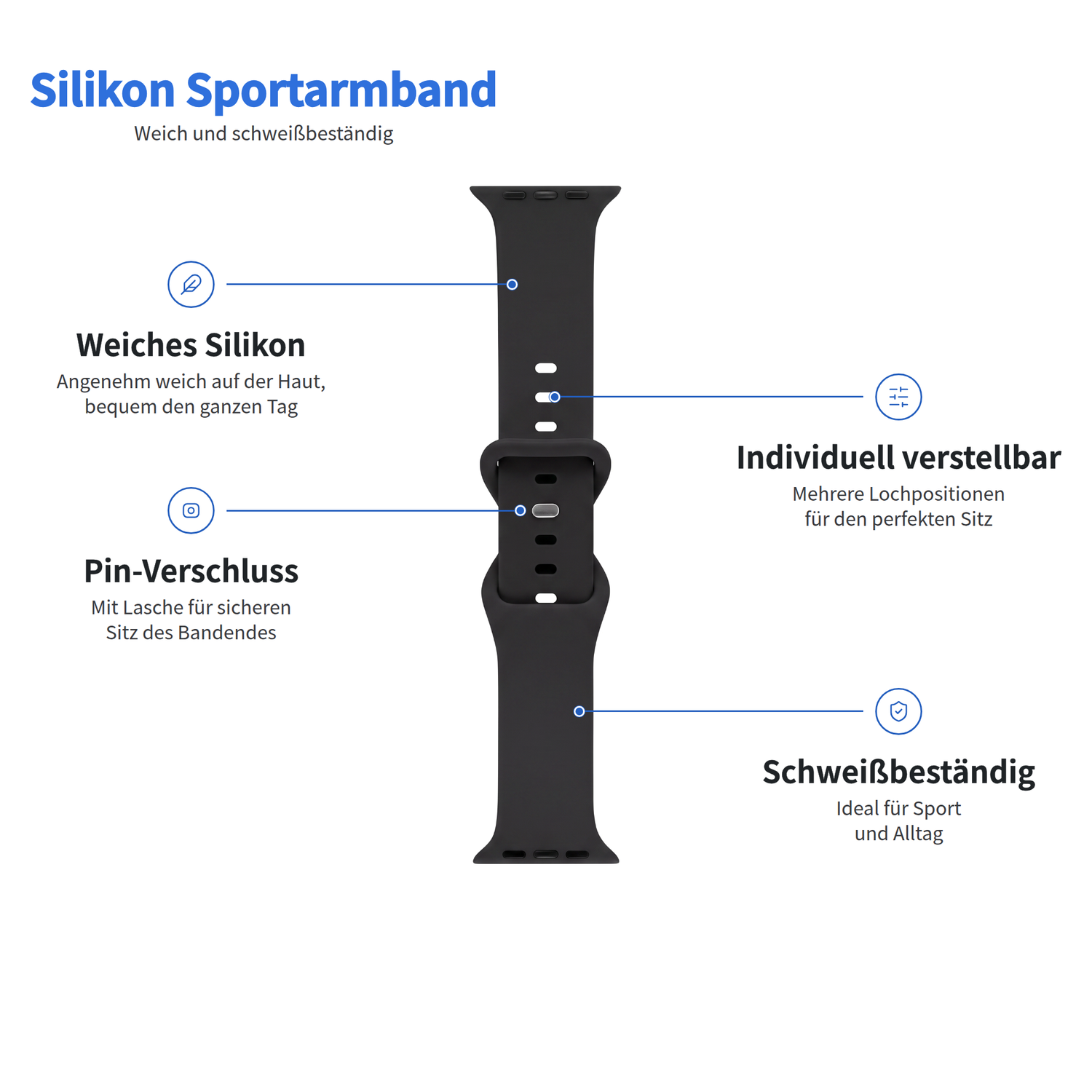 Arktisband „Sport“: Weiches Silikon, verstellbar, Pin-Verschluss – perfekt für Sport und Alltag mit der Apple Watch.