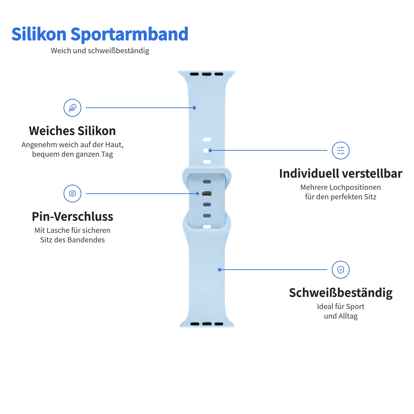 Arktisband Apple Watch „Sport“-Armband: weiches Silikon, Dornverschluss, verstellbar, schweißresistent.