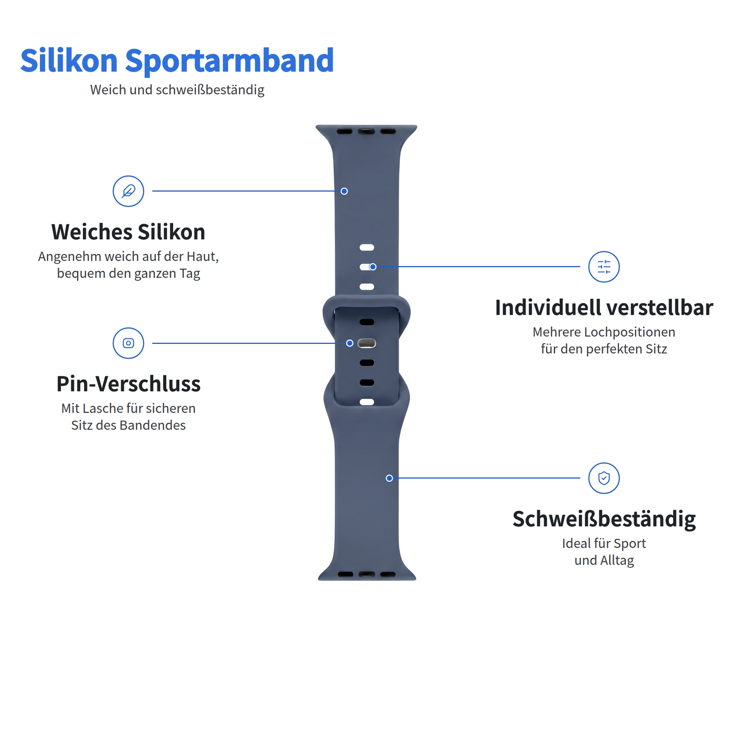 Arktisband Apple Watch Silikonarmband „Sport“ in Dunkelblau: weich, verstellbar, schweißresistent, mit sicherem Dornverschluss.