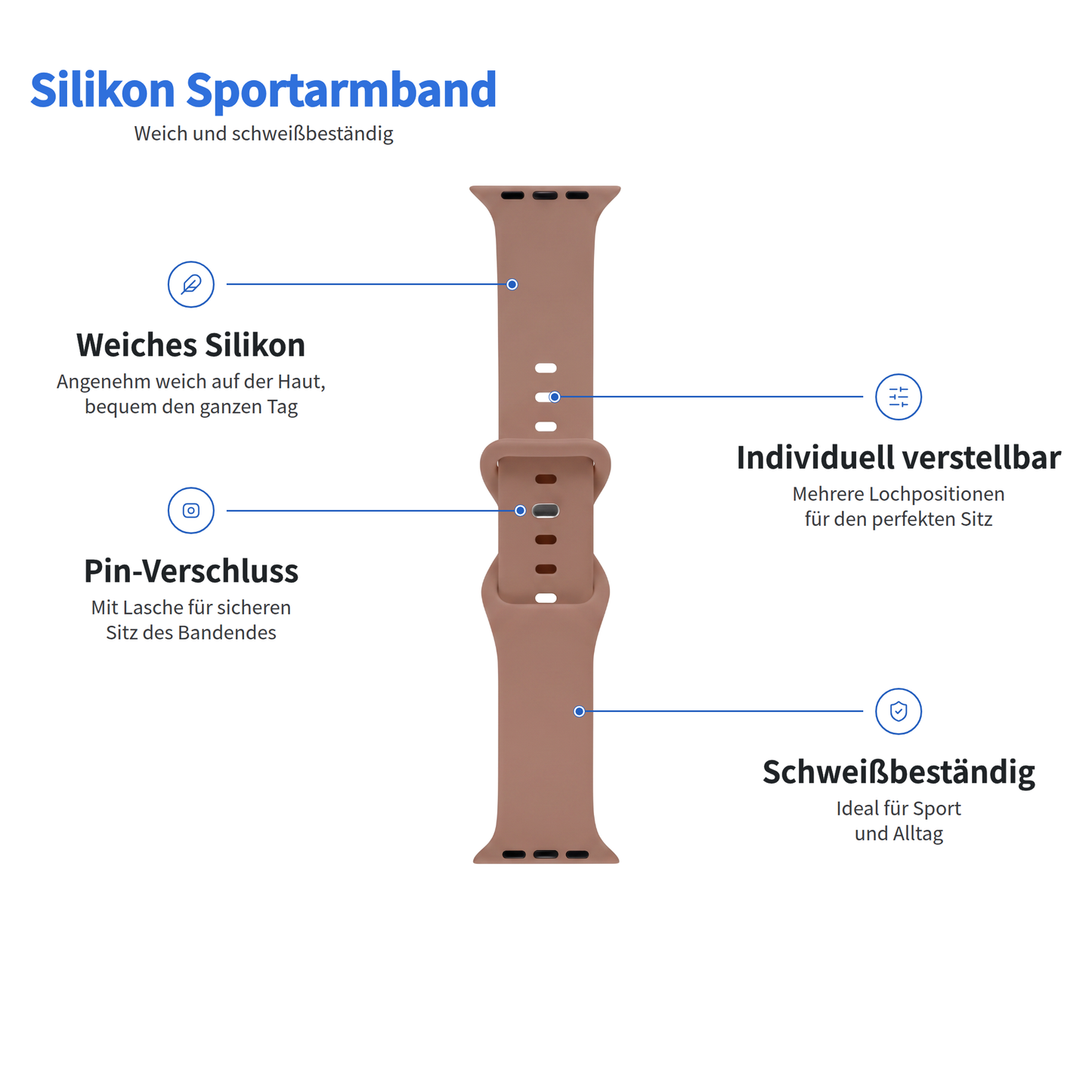 Braunes Arktisband-Silikonarmband „Sport“ für die Apple Watch, schweißbeständig, verstellbar mit Stiftverschluss.