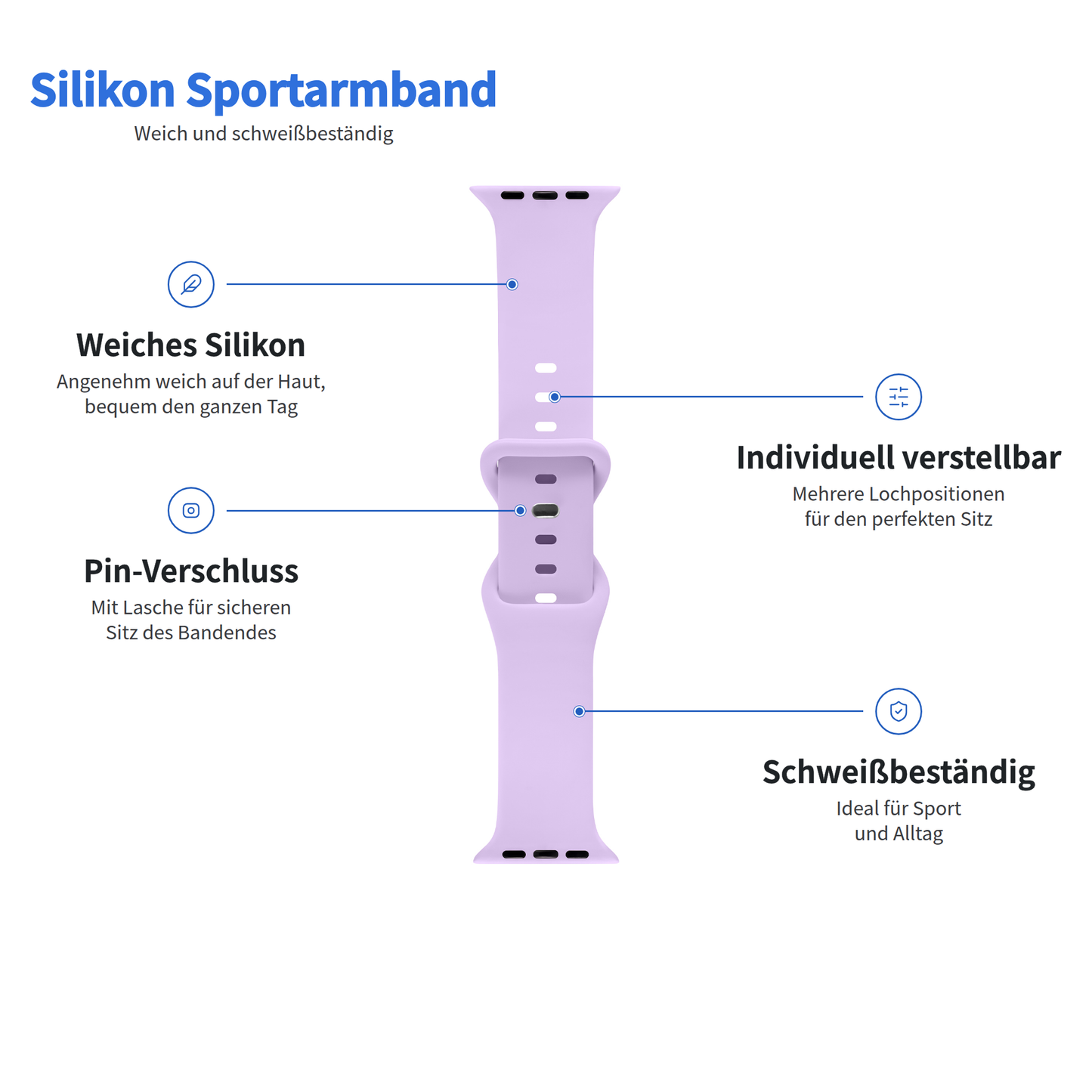 Lila Arktisband Apple Watch Silikonarmband „Sport“ – Material, verstellbar, schweißbeständig, sicherer Verschluss.