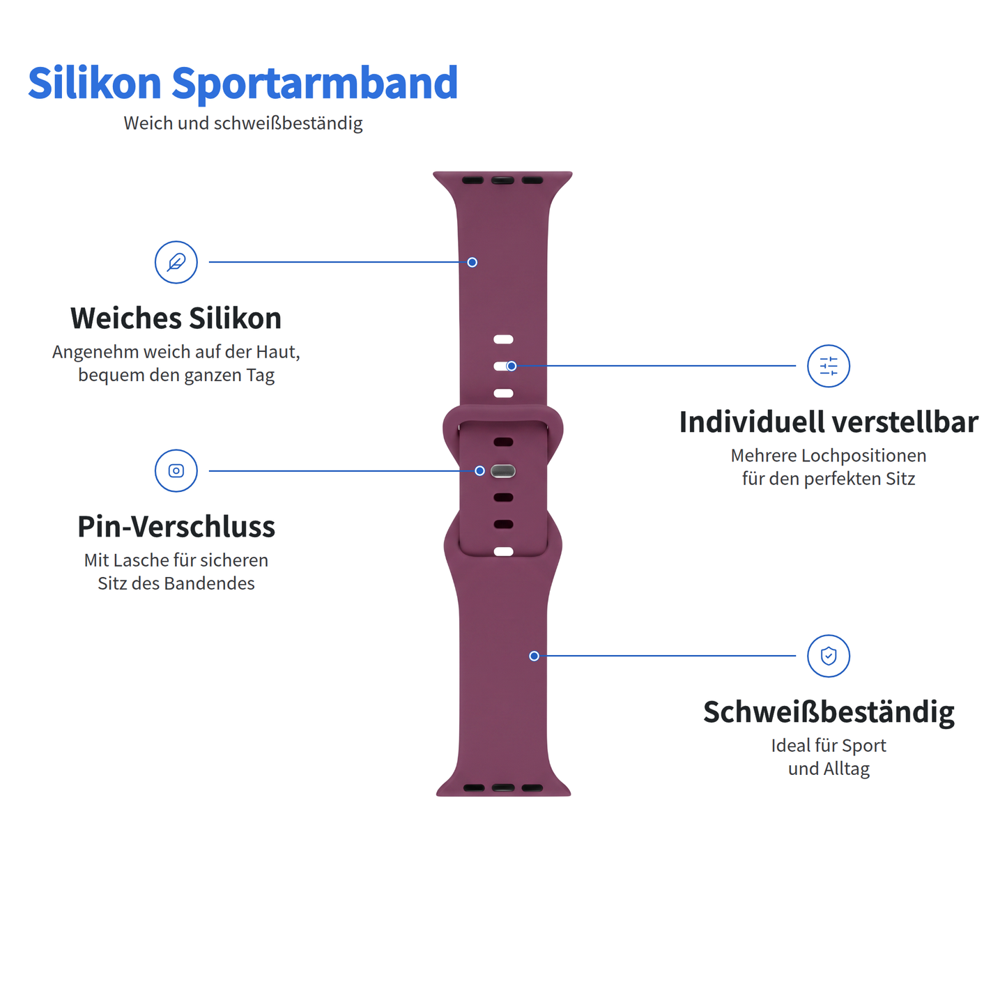 Arktisband Apple Watch Silikonarmband „Sport“: Aus Silikon, verstellbar, mit Schließe, schweißbeständig.