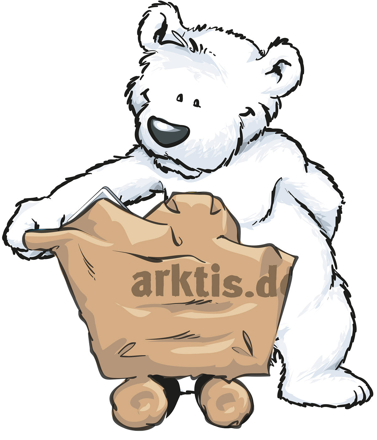Cartoon-Eisbär hält aufrecht eine Einkaufstüte aus Papier mit der Aufschrift arktis.de.
