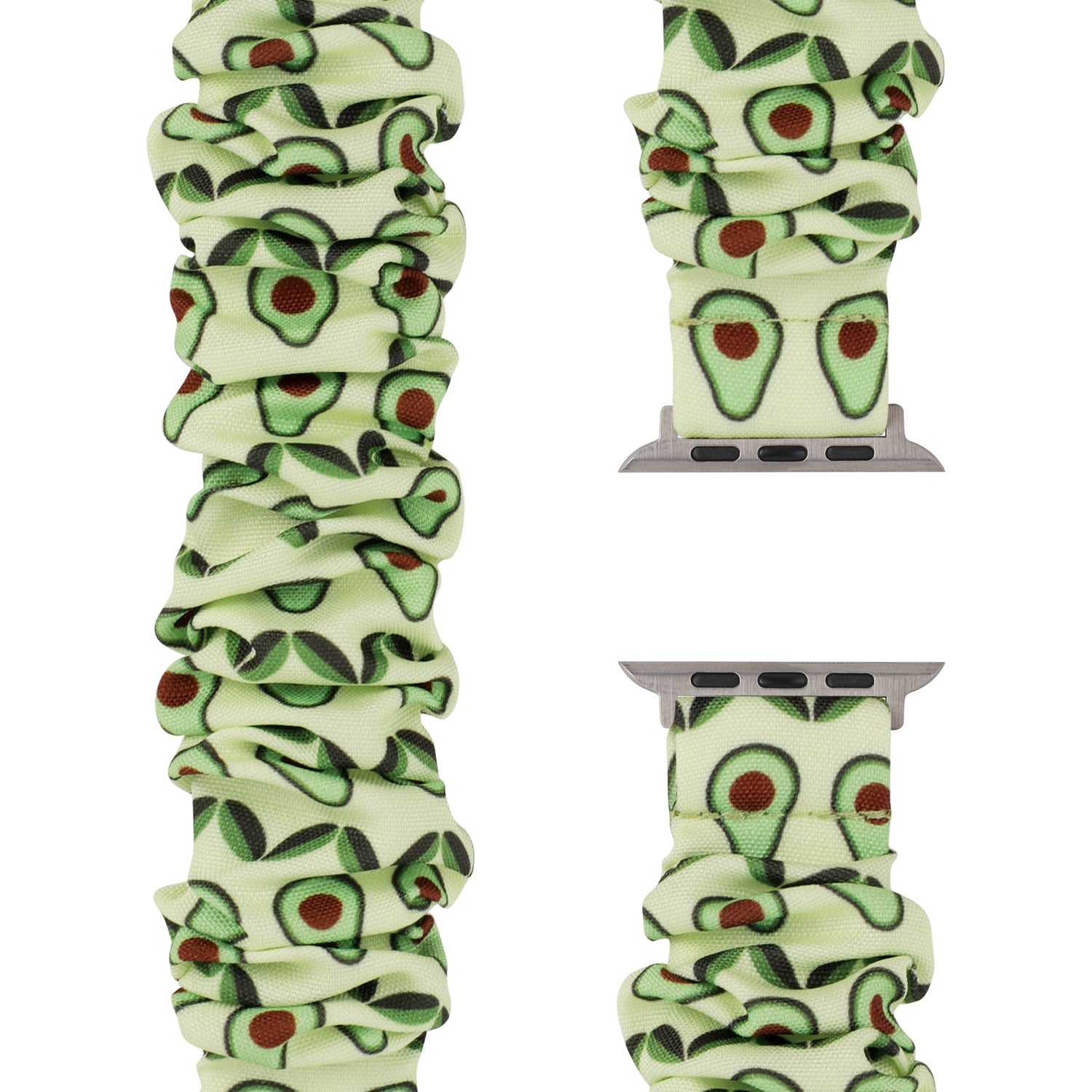 Das arktisband Apple Watch Armband "Elanora" hat ein Design im Scrunchie-Stil mit einem grünen Avocado-Print, der aus verschiedenen Blickwinkeln auf weißem Hintergrund zu sehen ist.