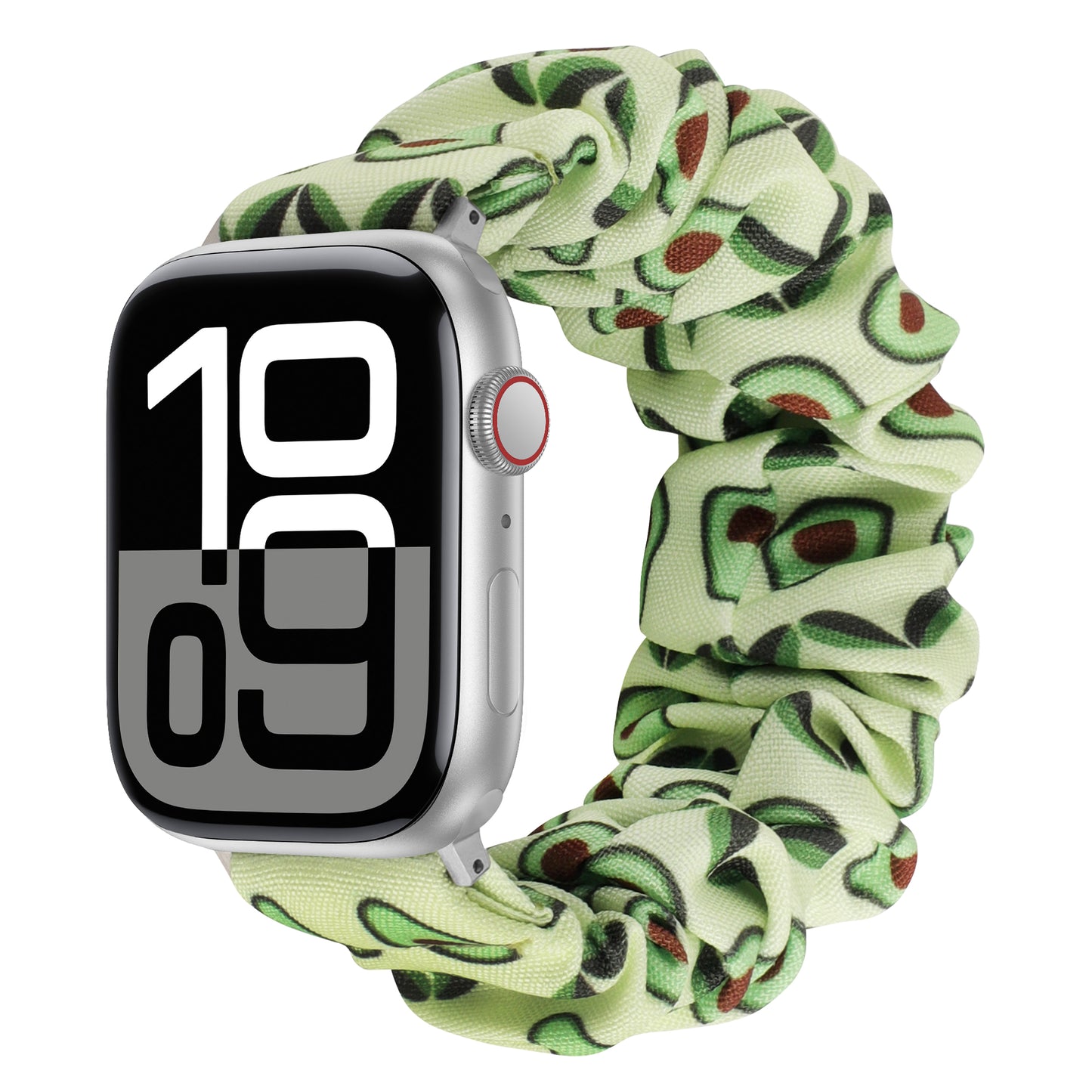 Das arktisband Apple Watch Scrunchie Armband "Elanora" hat ein grünes Gummiband mit Avocado-Muster, hier an einer Apple Watch, die eine Digitaluhr anzeigt.
