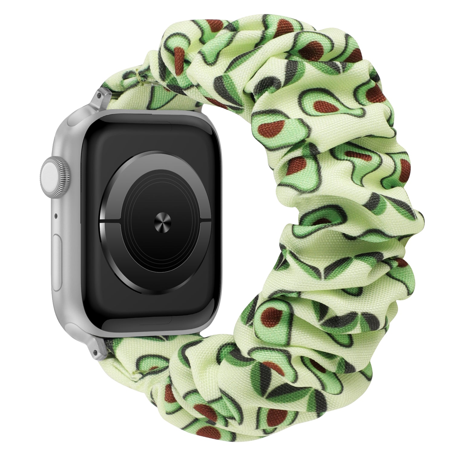 Das arktisband Apple Watch Armband "Elanora" von arktisband ist ein Armband im Scrunchie-Stil für Ihre silberne Apple Watch, mit einem Avocado-Muster auf hellgrünem Hintergrund.