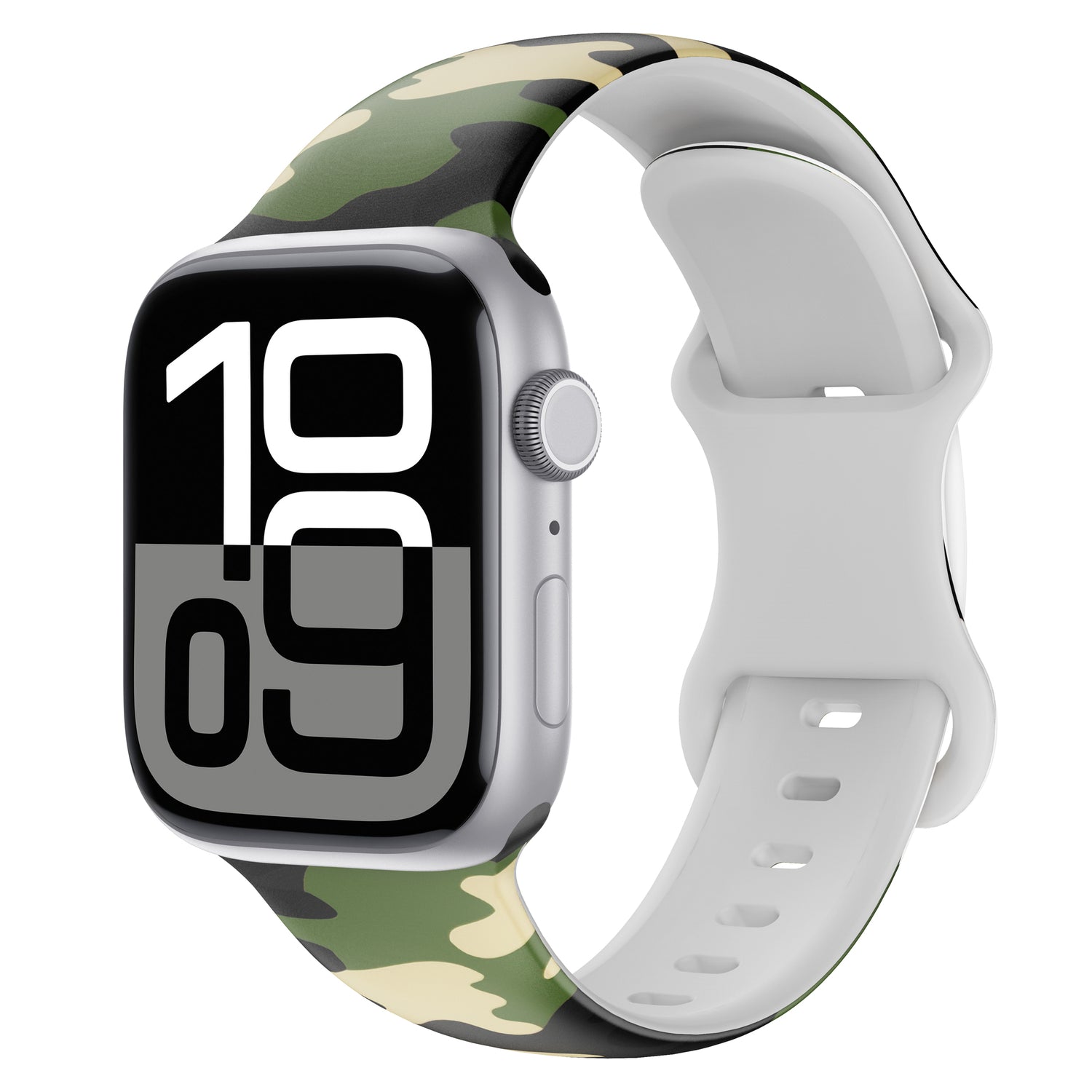 Das arktisband EDITION für Apple Watch hat ein grünes Armband mit Camouflage-Muster und ein großes, angewinkeltes Digitaldisplay. Marke: arktisband.