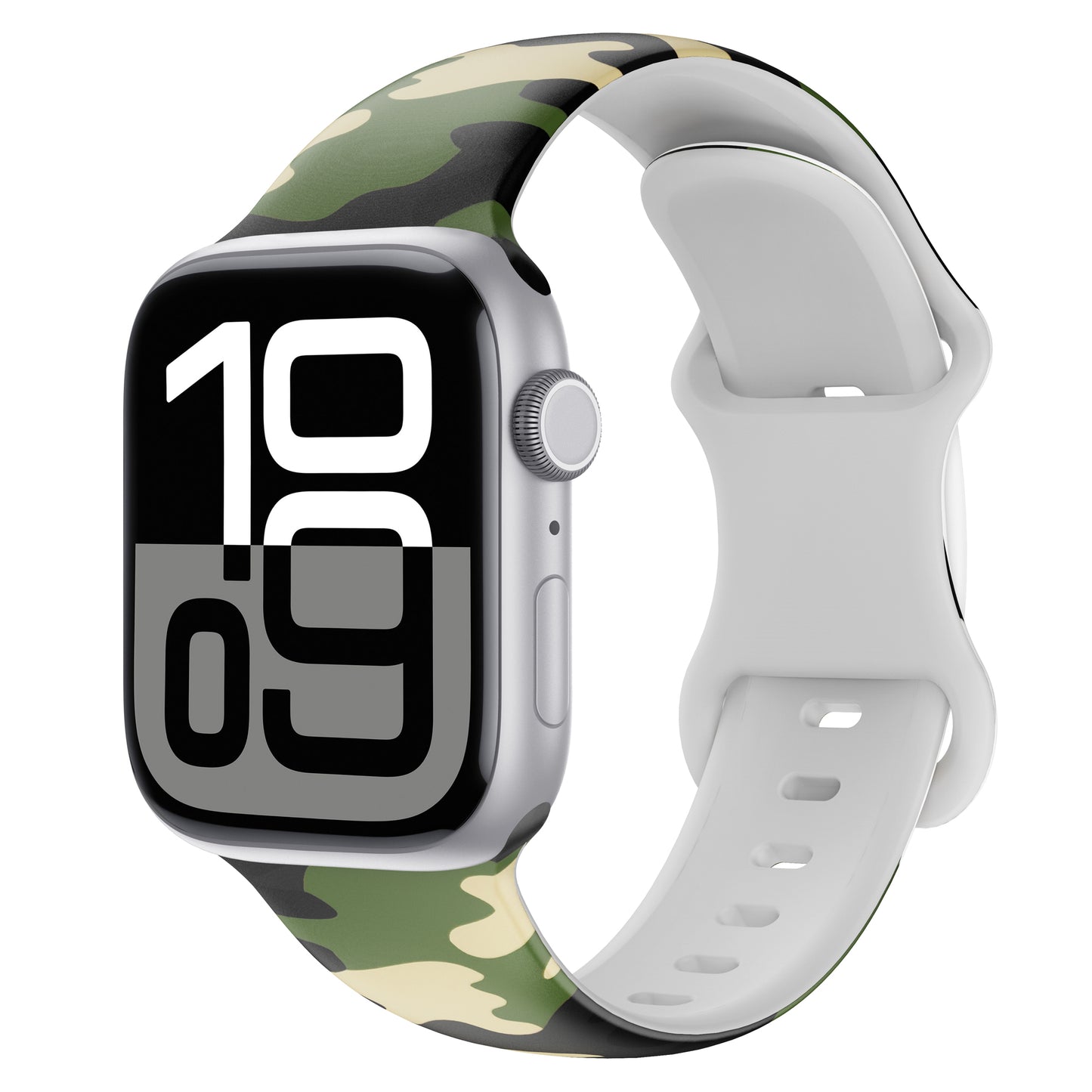 Das arktisband Camouflage Apple Watch Armband von arktisband verfügt über ein sportliches grünes Camouflage Silikonarmband und eine auffällige schwarz-weiße Digitalanzeige für Ihre Smartwatch.