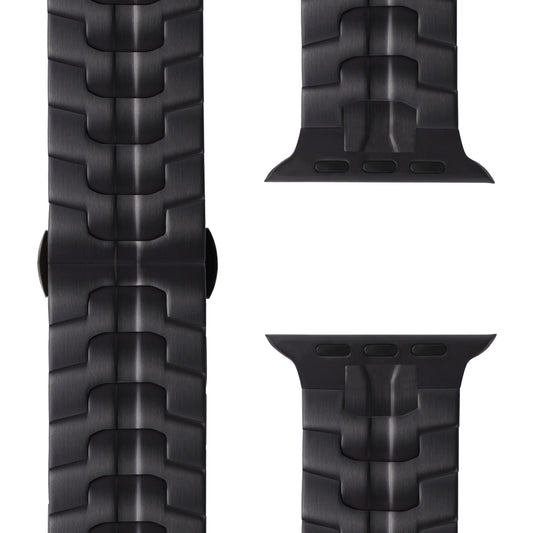 Nahaufnahme des arktisband Apple Watch Edelstahlarmbands "Momento" in Schwarz mit segmentiertem, eckigem Design und zwei Anschlussenden. Dieses elegante arktisband ist kompatibel mit der Apple Watch und eignet sich ideal als stilvolles Upgrade.