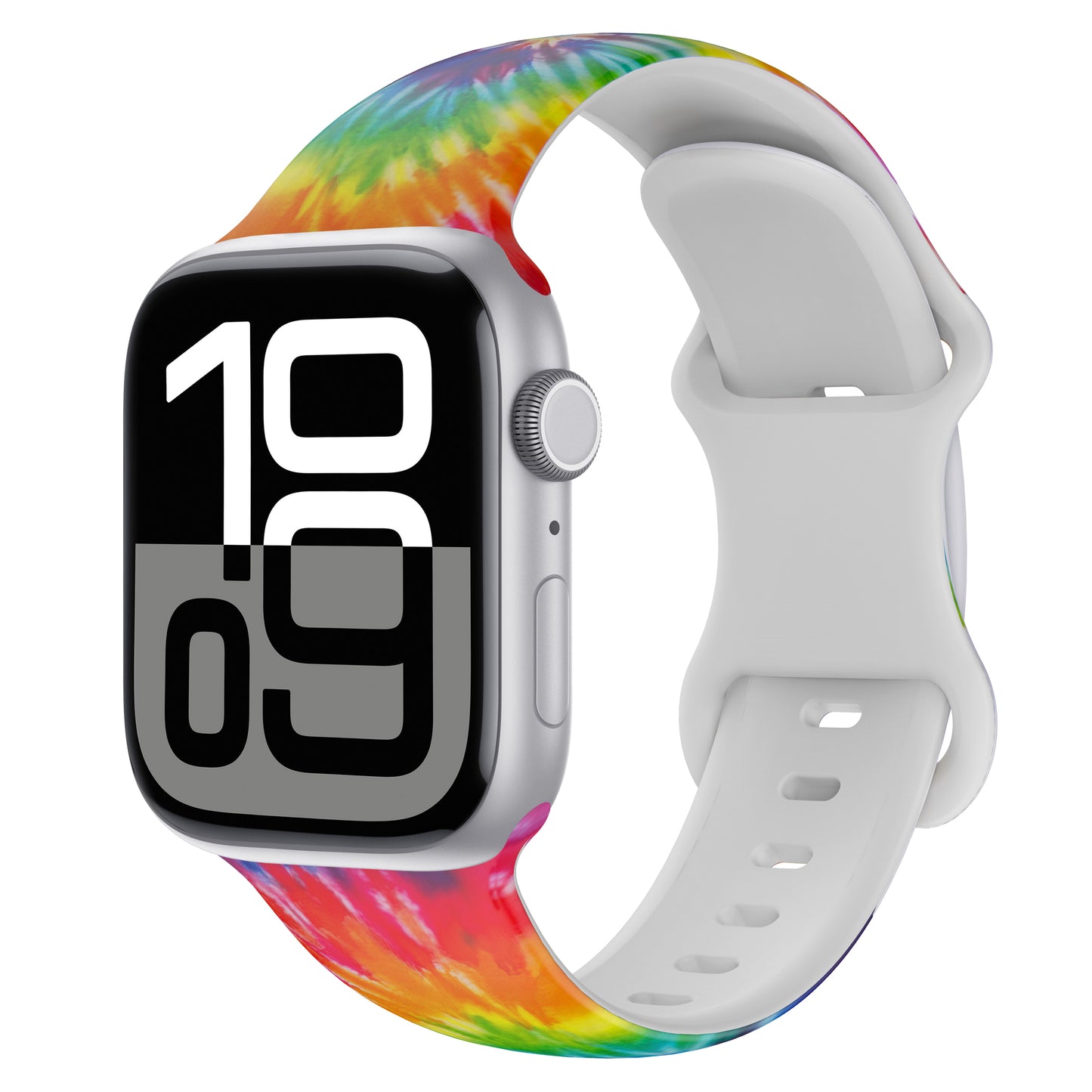 Das arktisband Batik Rainbow Apple Watch Armband von arktisband besticht durch ein farbenfrohes Batik-Design und wird mit einer auffälligen schwarz-weißen Digitalzeitanzeige dargestellt.