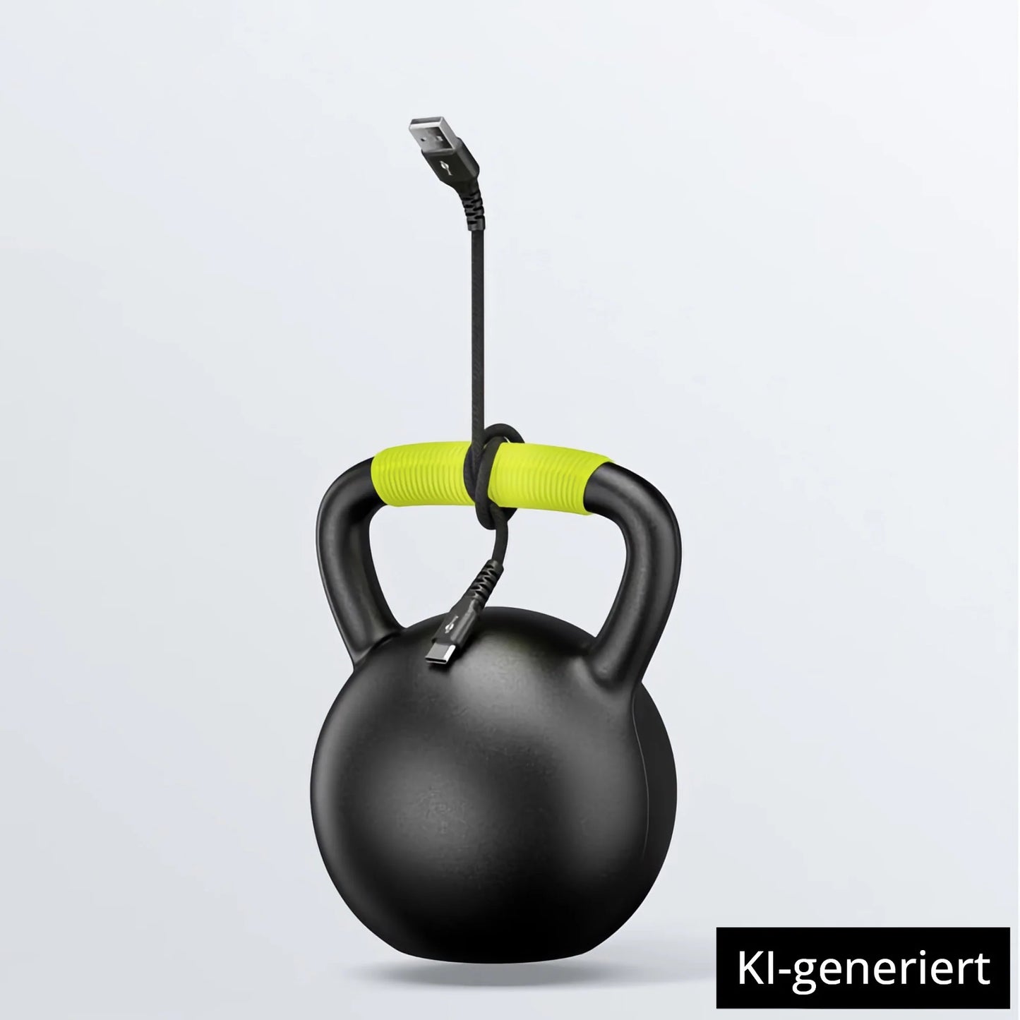 Eine schwarze Kettlebell mit einem grünen Griff und einem Goobay USB-C auf USB-A Textilkabel mit Metallsteckern am oberen Griff. KI-generiert.